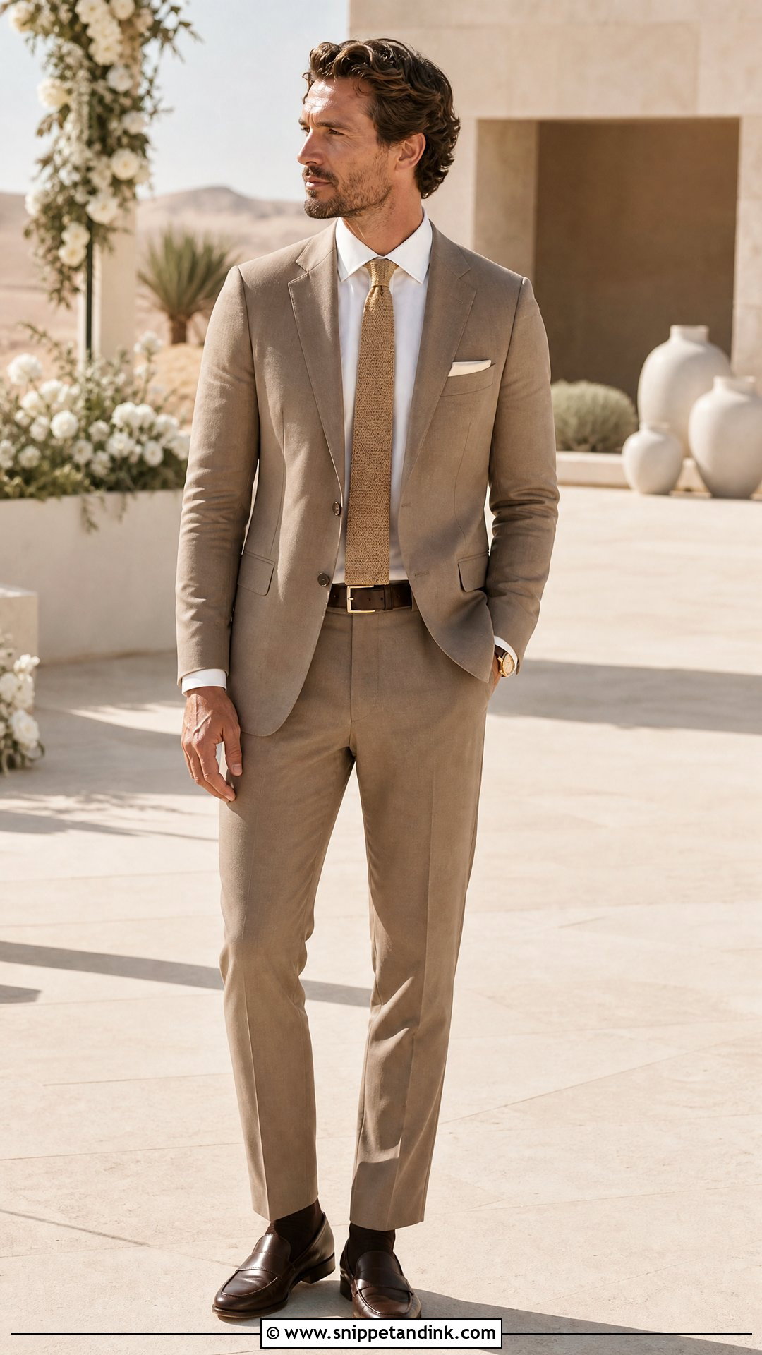 Khaki Suit With Ivory Shirt And Tonal Tie - Snippet and Ink - 20 Khaki Suit Wedding Ideas