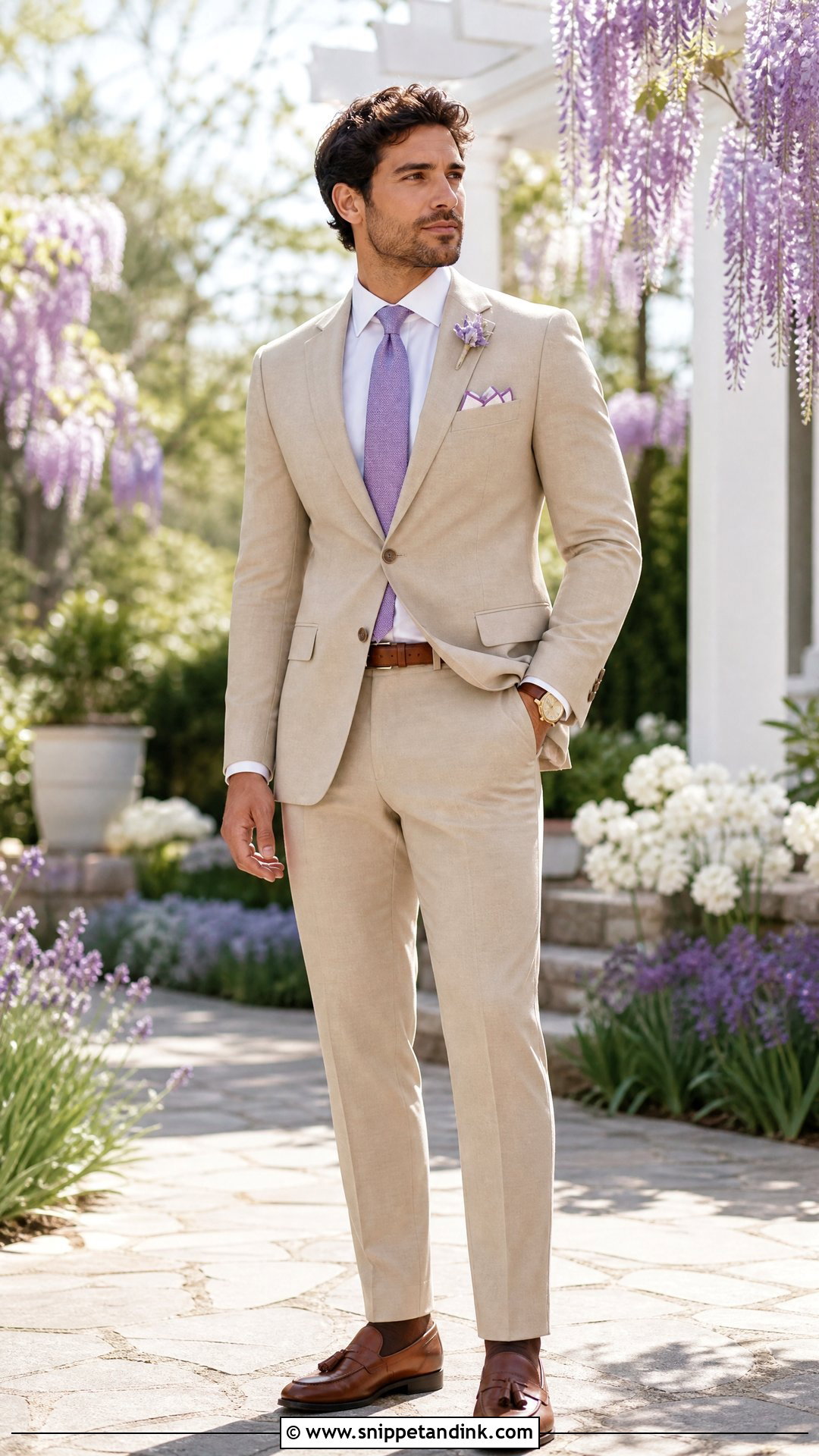 Khaki Suit With Lavender Tie And Brown Loafers - Snippet and Ink - 20 Khaki Suit Wedding Ideas