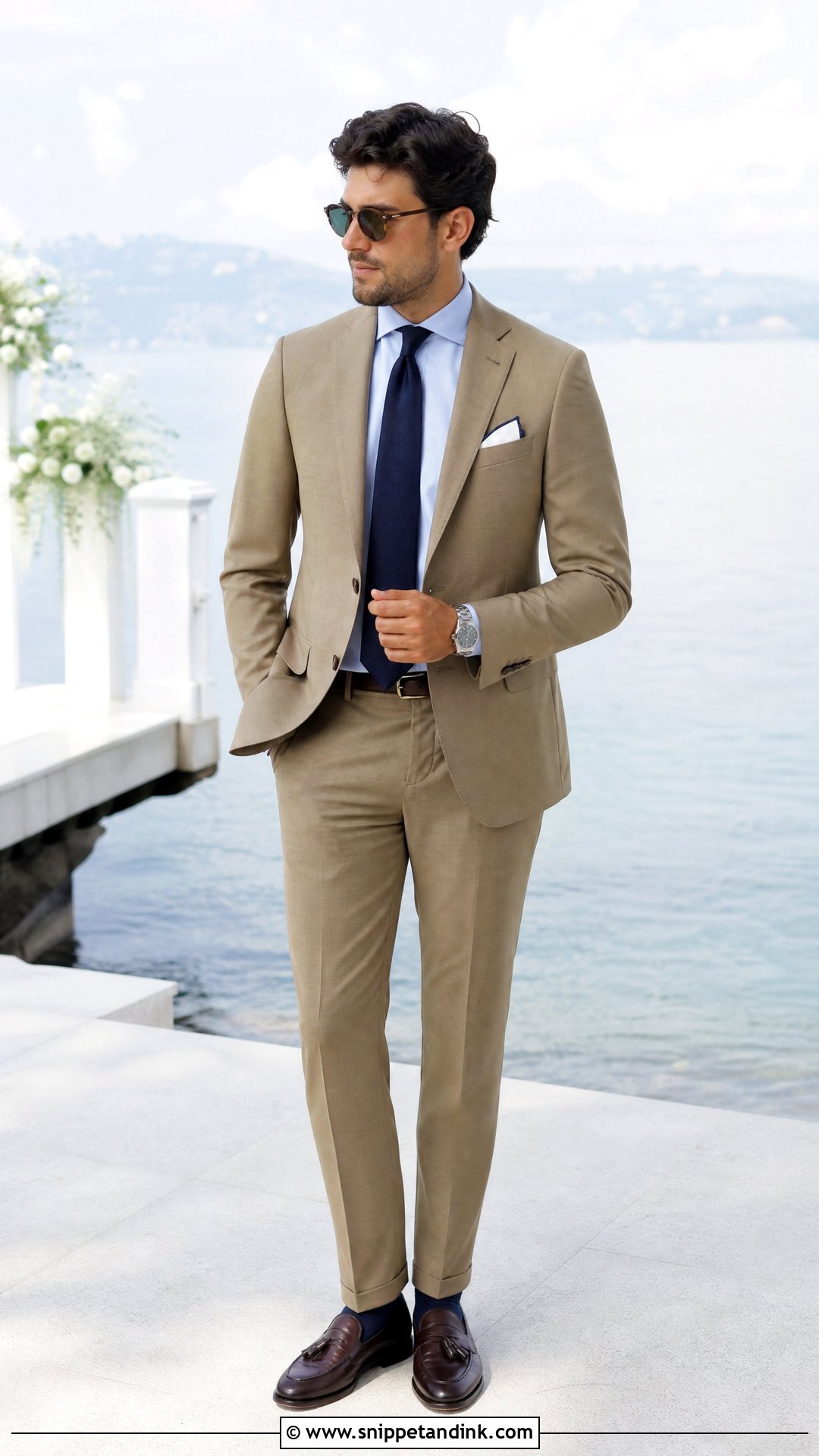 Khaki Suit With Navy Tie And Brown Loafers - Snippet and Ink - 20 Khaki Suit Wedding Ideas