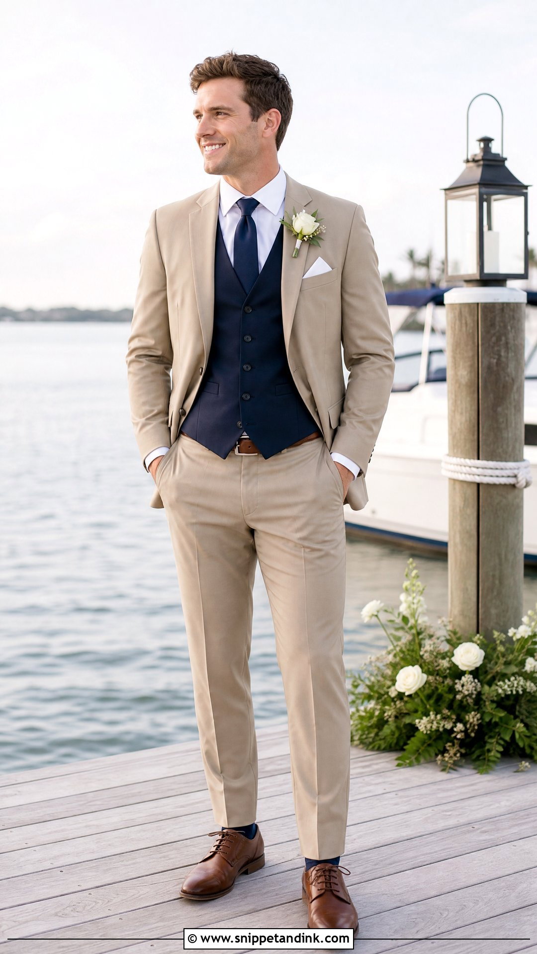 Khaki Suit With Navy Vest And Tie - Snippet and Ink - 20 Khaki Suit Wedding Ideas
