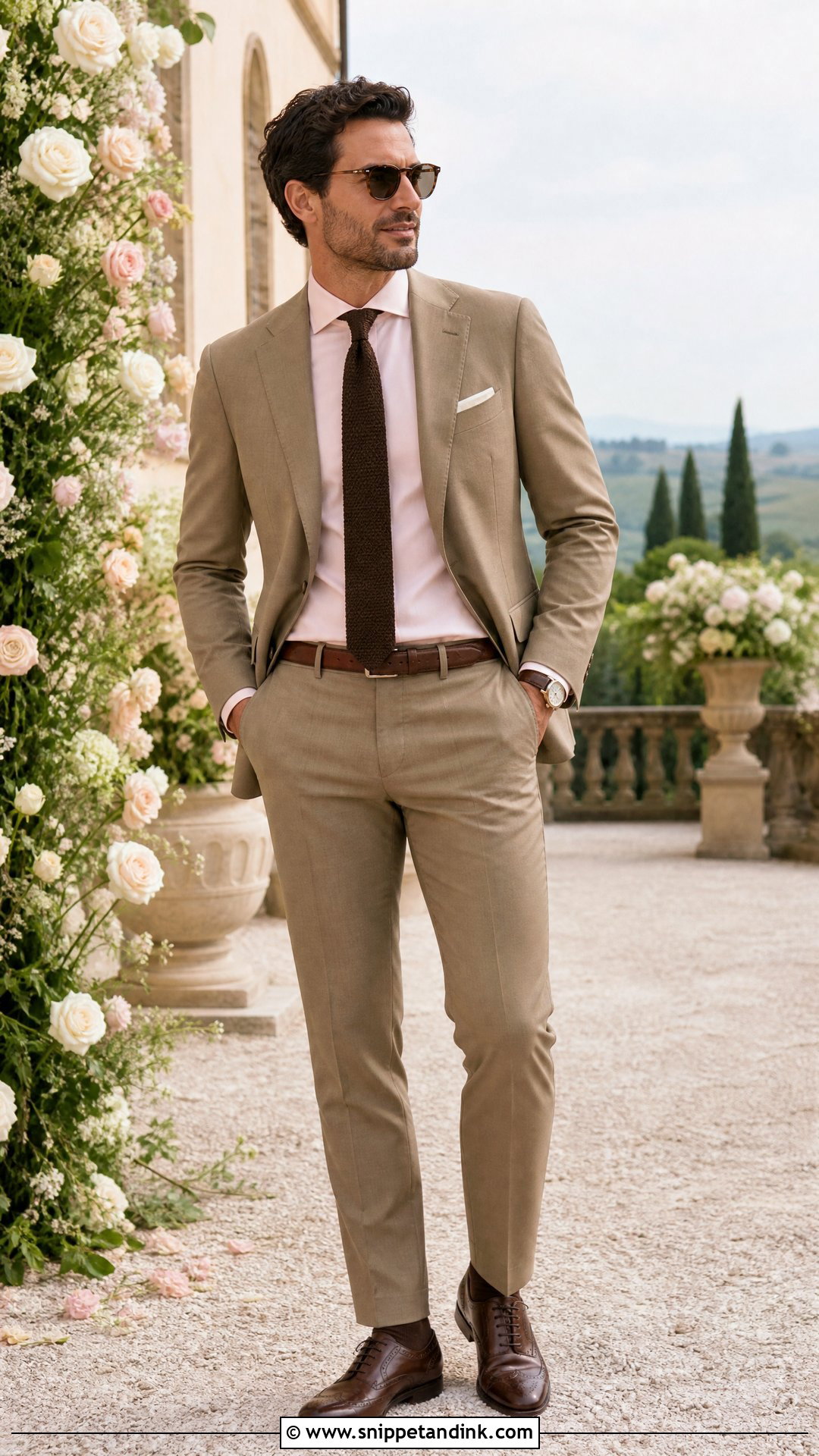 Khaki Suit With Pale Pink Shirt And Brown Tie - Snippet and Ink - 20 Khaki Suit Wedding Ideas