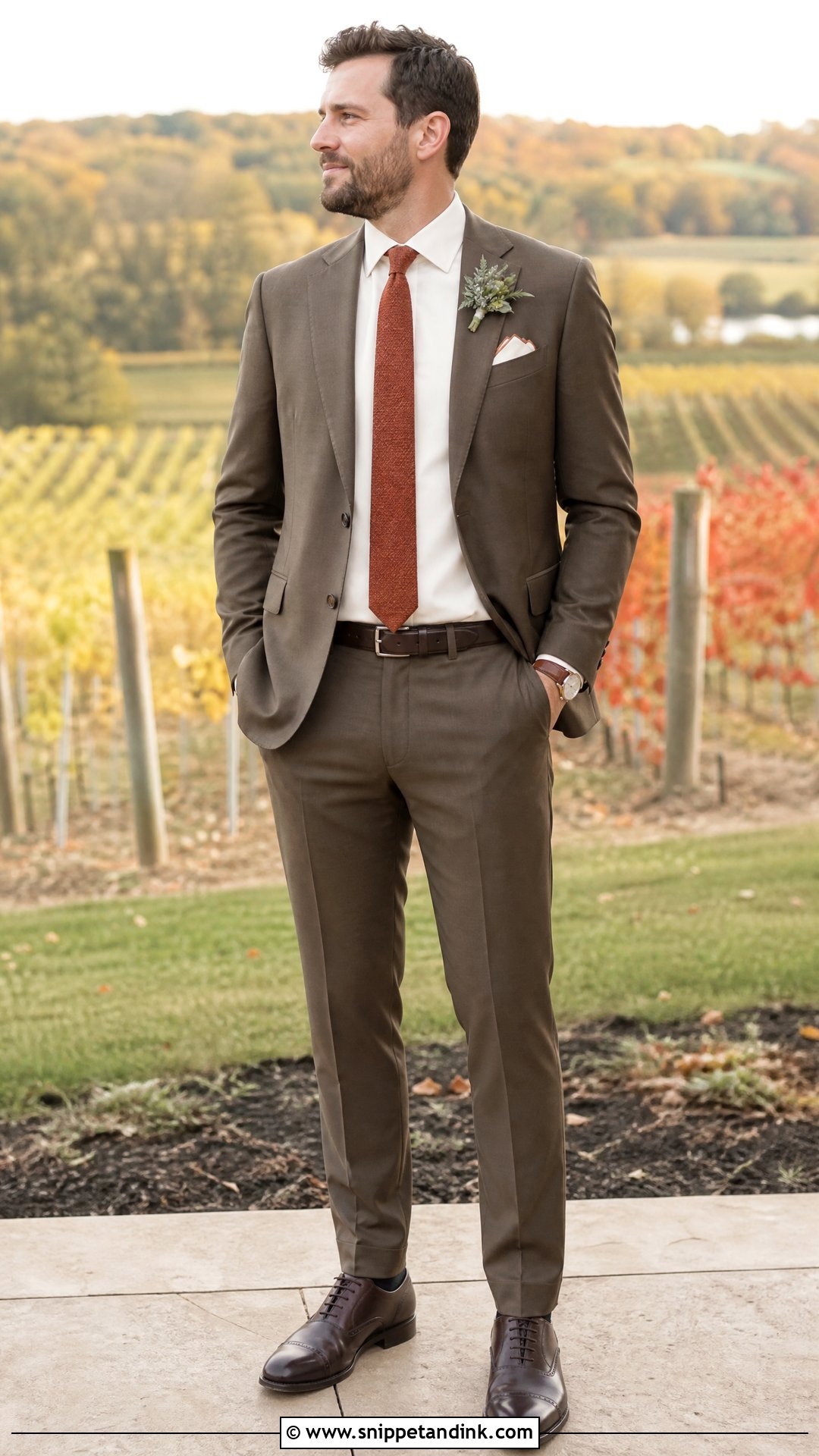 Khaki Suit With Rust Tie And Dark Brown Shoes - Snippet and Ink - 20 Khaki Suit Wedding Ideas