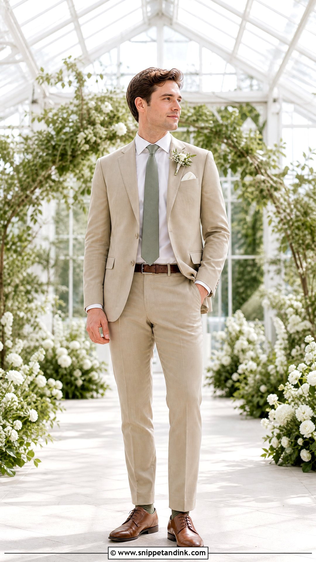 Khaki Suit With Sage Green Tie And Brown Shoes - Snippet and Ink - 20 Khaki Suit Wedding Ideas