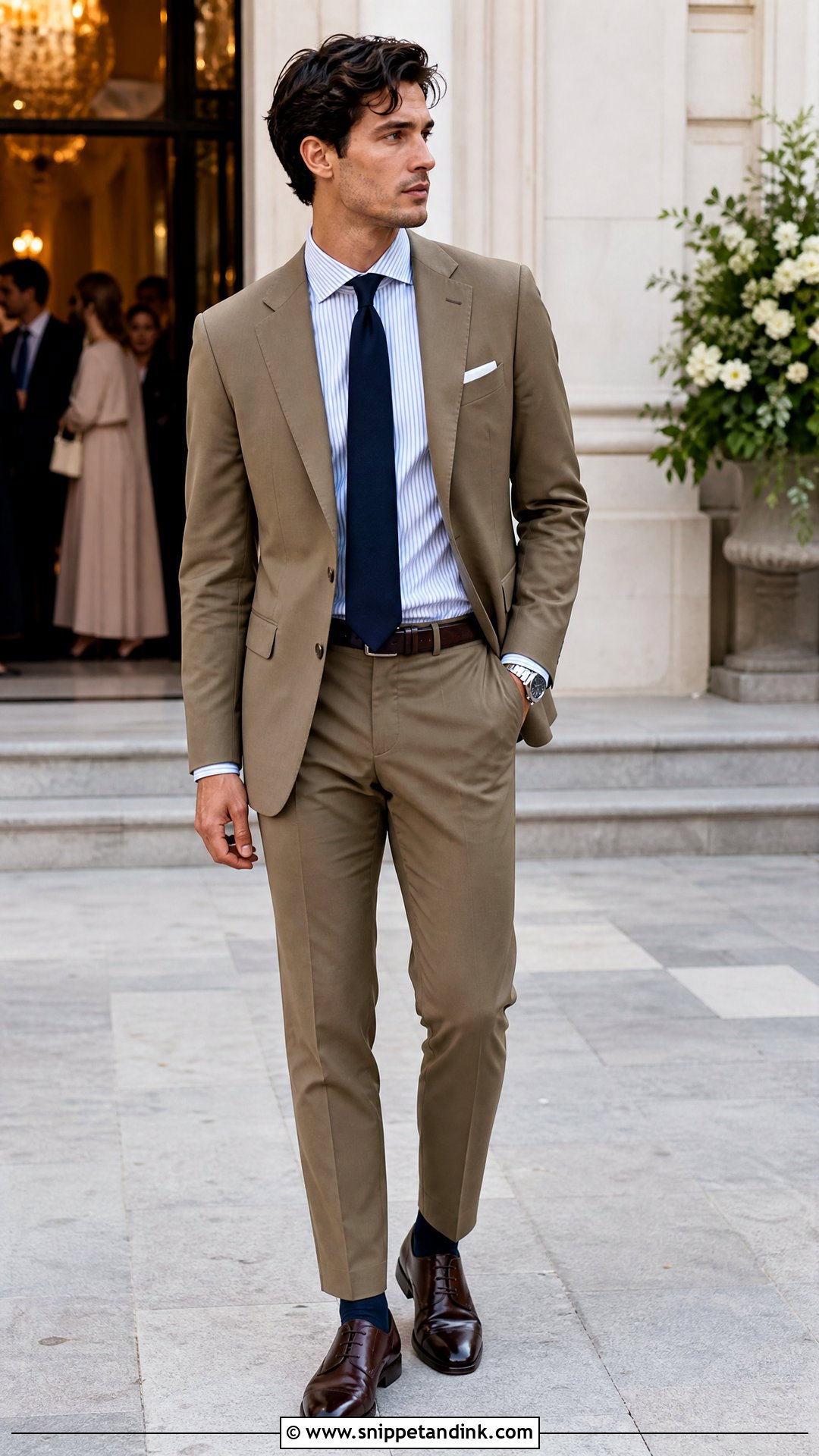 Khaki Suit With Striped Shirt And Navy Tie - Snippet and Ink - 20 Khaki Suit Wedding Ideas