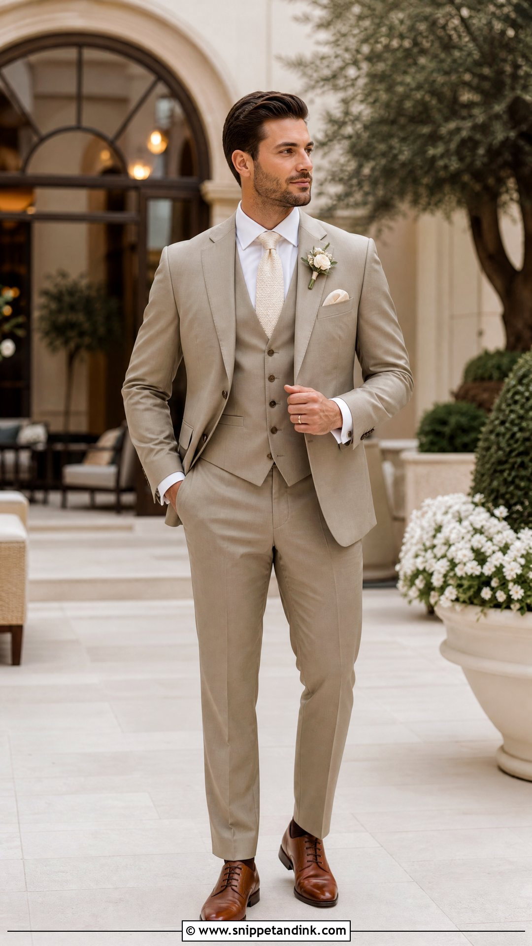 Khaki Three Piece Suit With Ivory Tie - Snippet and Ink - 20 Khaki Suit Wedding Ideas
