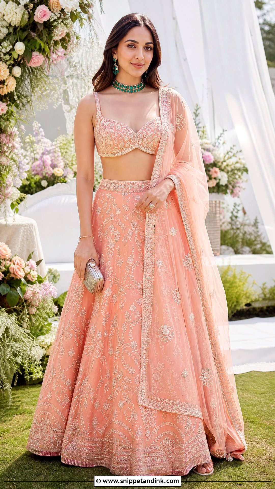 Kiara Advani Coral Lehenga With Emerald Jewelry - Snippet and Ink - 20 Kiara Advani Wedding Outfits