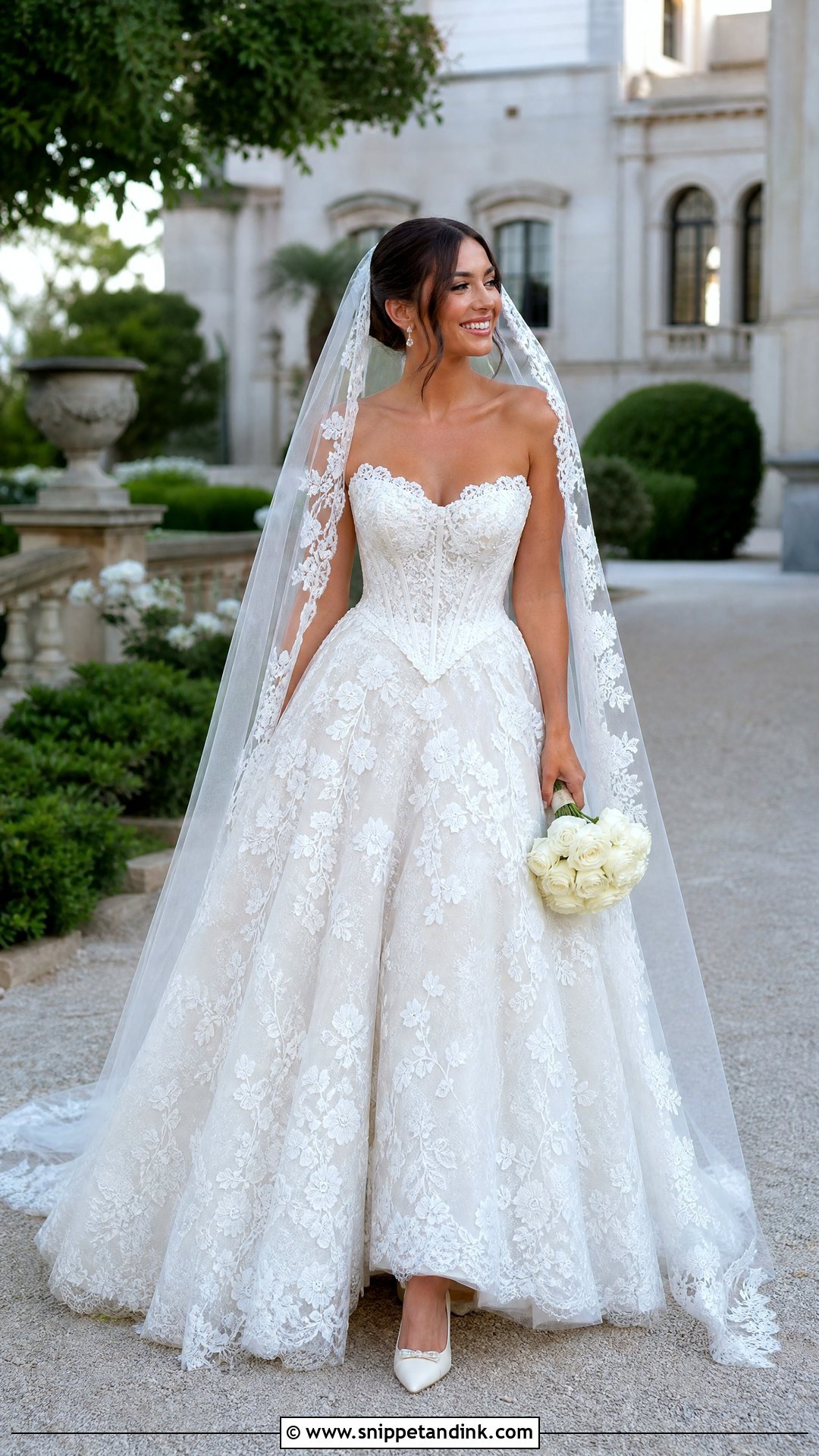 Kim Kassas Basque Waist Lace Gown With Pearl Earrings - Snippet and Ink - 20 Wedding Dress Kim Kassas Ideas