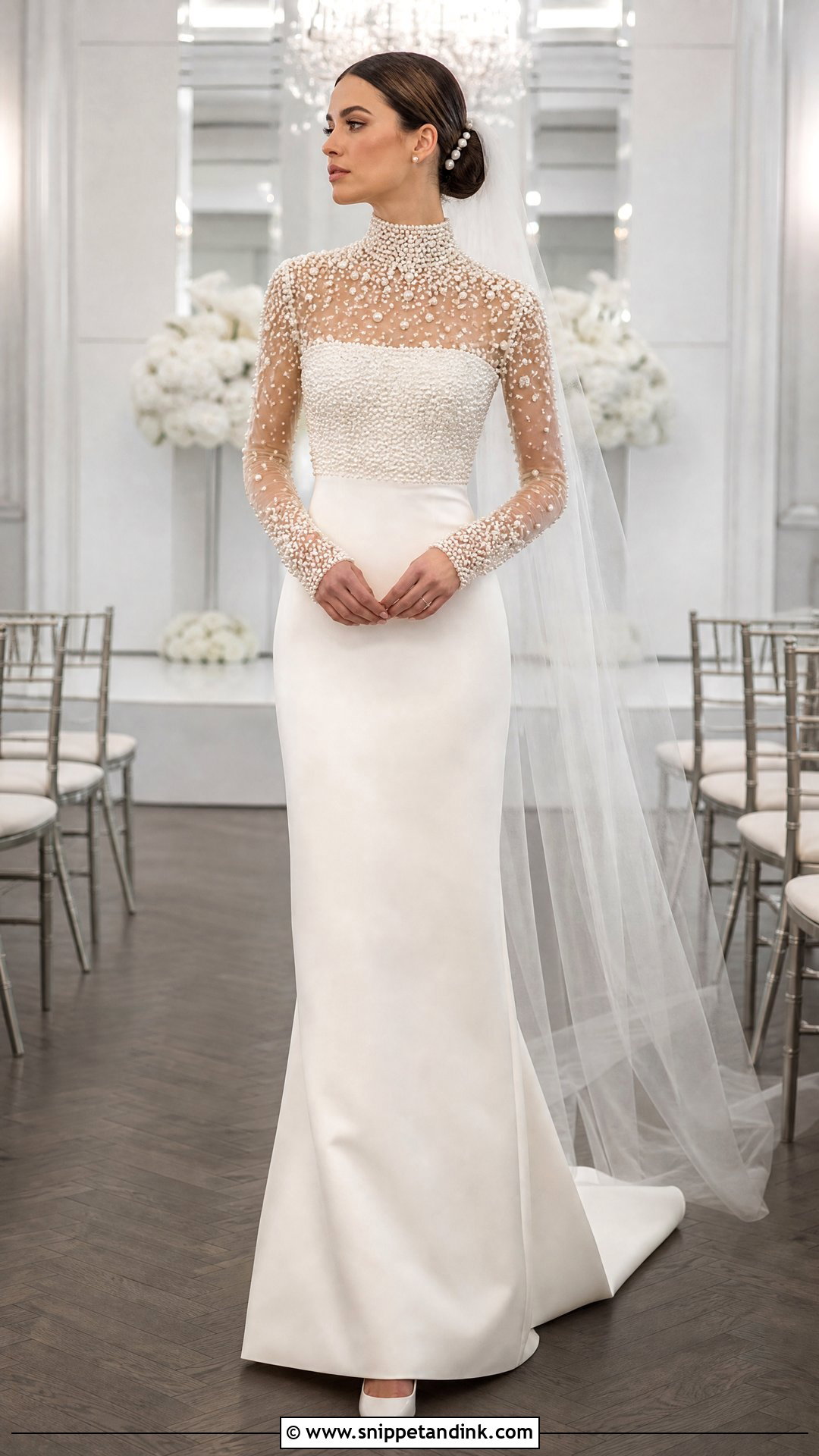 Kim Kassas High Neck Gown With Pearl Embellishment - Snippet and Ink - 20 Wedding Dress Kim Kassas Ideas