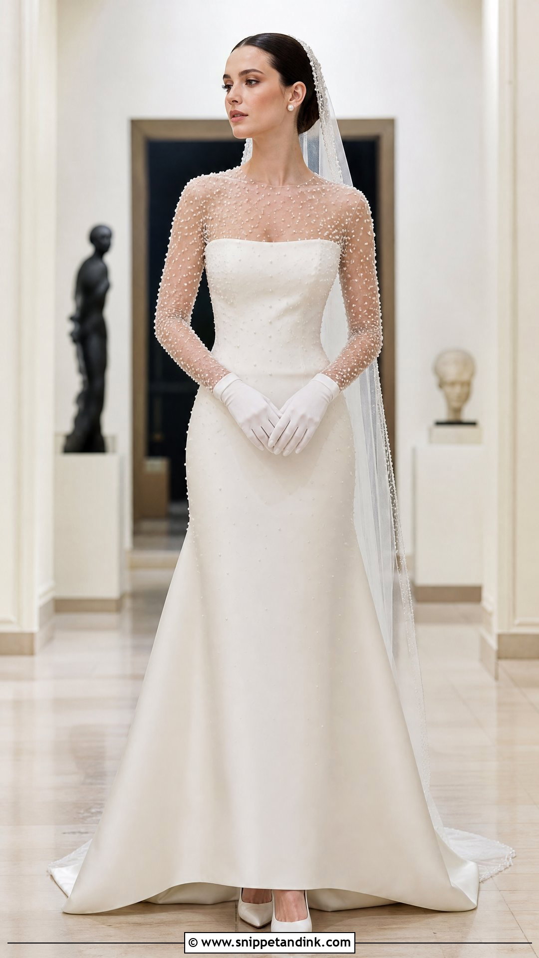 Kim Kassas Long Sleeve Pearl Gown With Bridal Gloves - Snippet and Ink - 20 Wedding Dress Kim Kassas Ideas