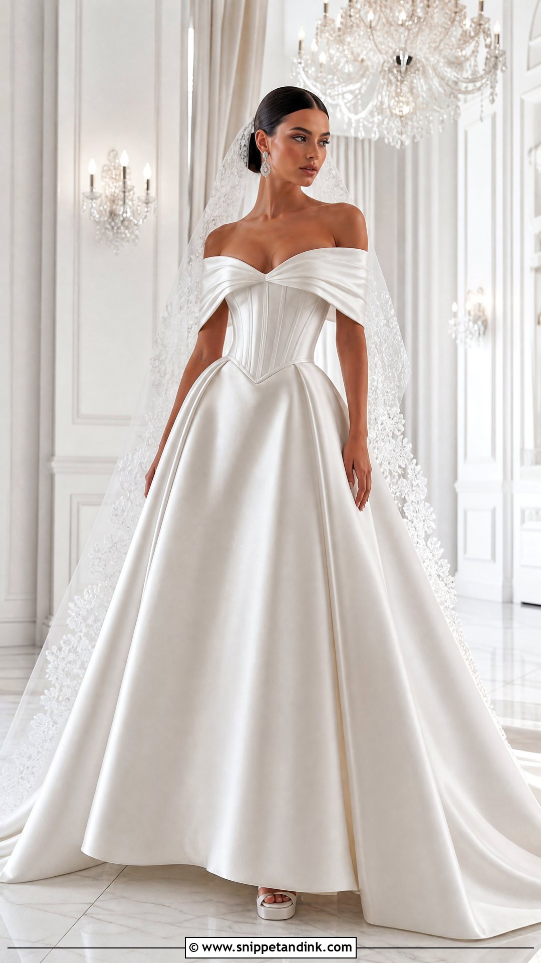 Kim Kassas Off Shoulder Satin Gown With Statement Veil - Snippet and Ink - 20 Wedding Dress Kim Kassas Ideas