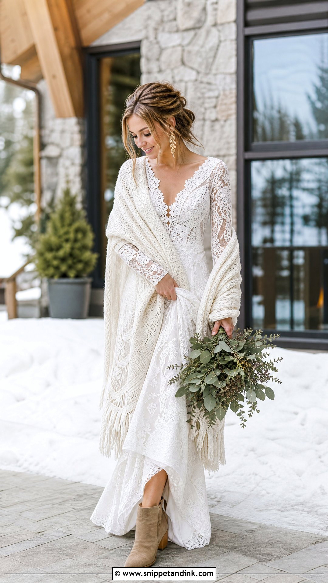 Knit Bridal Shawl With Boho Wedding Dress - Snippet and Ink - 20 Winter Wedding Shawl Ideas