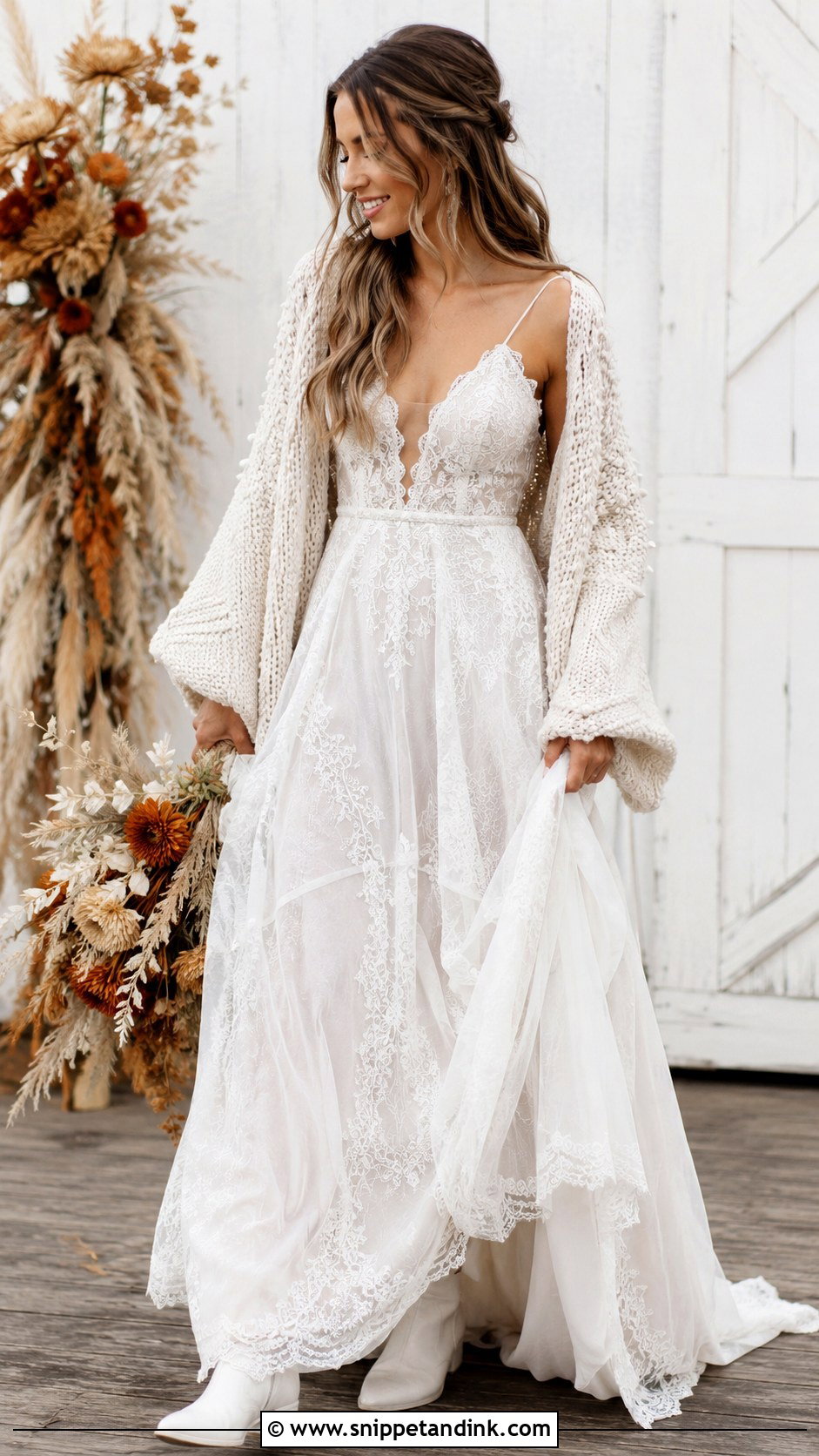 Knit Bridal Shrug With Boho Wedding Dress - Snippet and Ink - 25 Wedding Dress Coverup Ideas