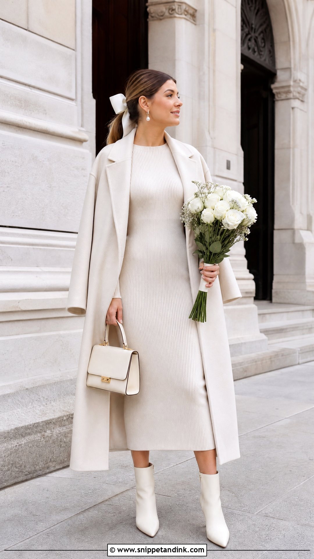 Knit Midi Town Hall Wedding Dress With Wool Coat - Snippet and Ink - 20 Town Hall Wedding Dress Ideas