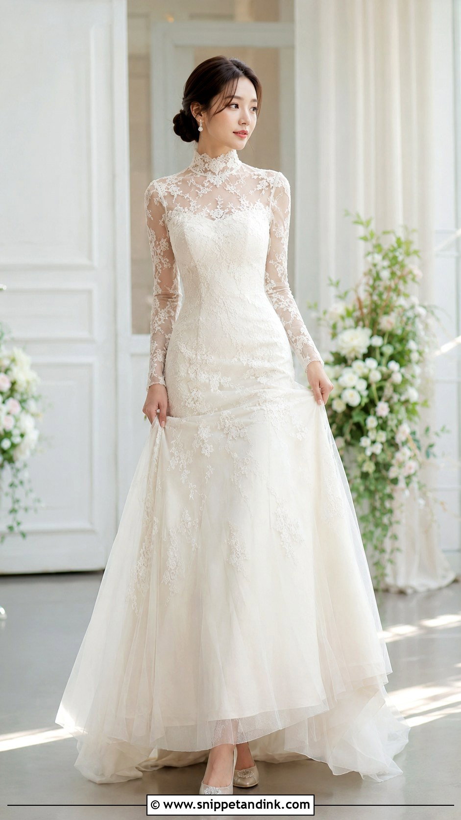 Korean High Neck Lace Wedding Dress - Snippet and Ink - 25 Korean Style Wedding Dress Ideas