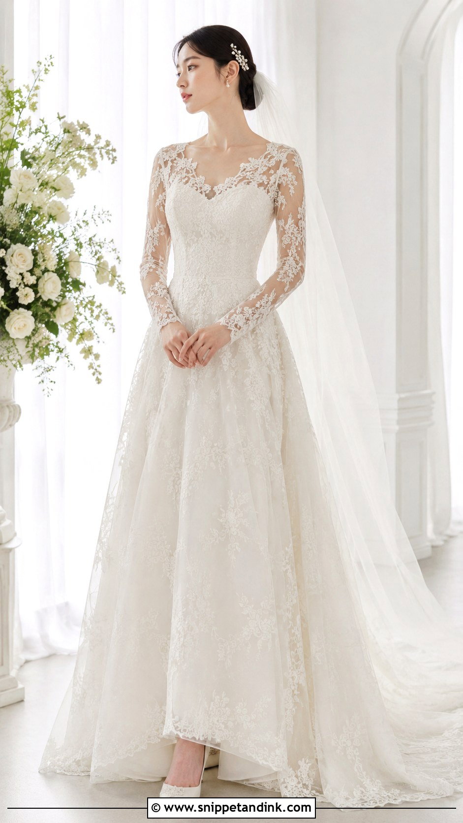 Korean Lace Long Sleeve Wedding Dress - Snippet and Ink - 25 Korean Style Wedding Dress Ideas
