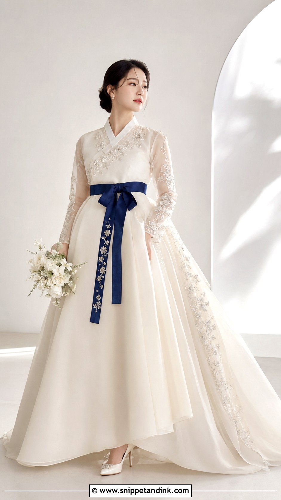 Korean Wedding Gown With Royal Blue Hanbok Accent - Snippet and Ink - 25 Korean Wedding Gown Ideas