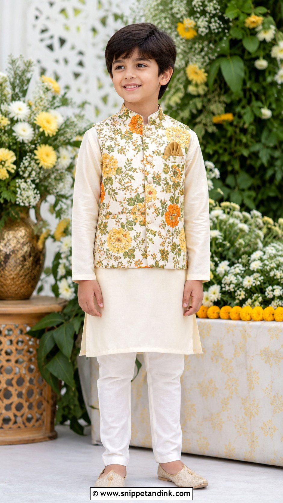 Kurta With Floral Waistcoat For Boys - Snippet and Ink - 25 Mehndi Dress for Boys Ideas
