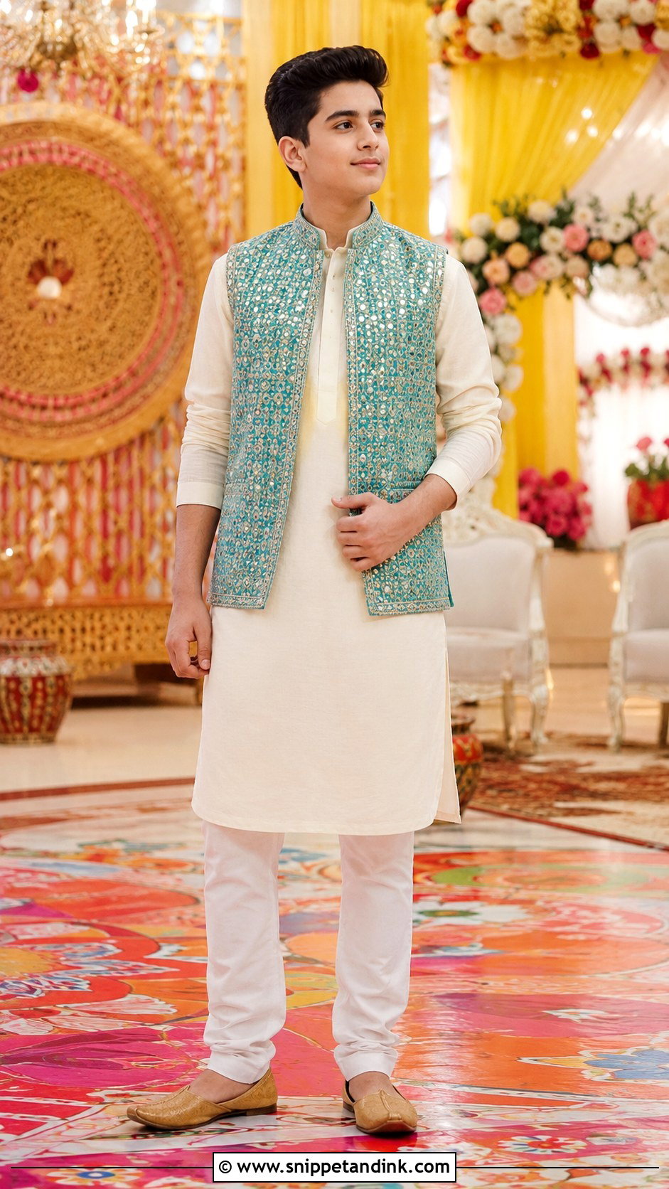 Kurta With Mirror Work Waistcoat For Boys - Snippet and Ink - 25 Mehndi Dress for Boys Ideas