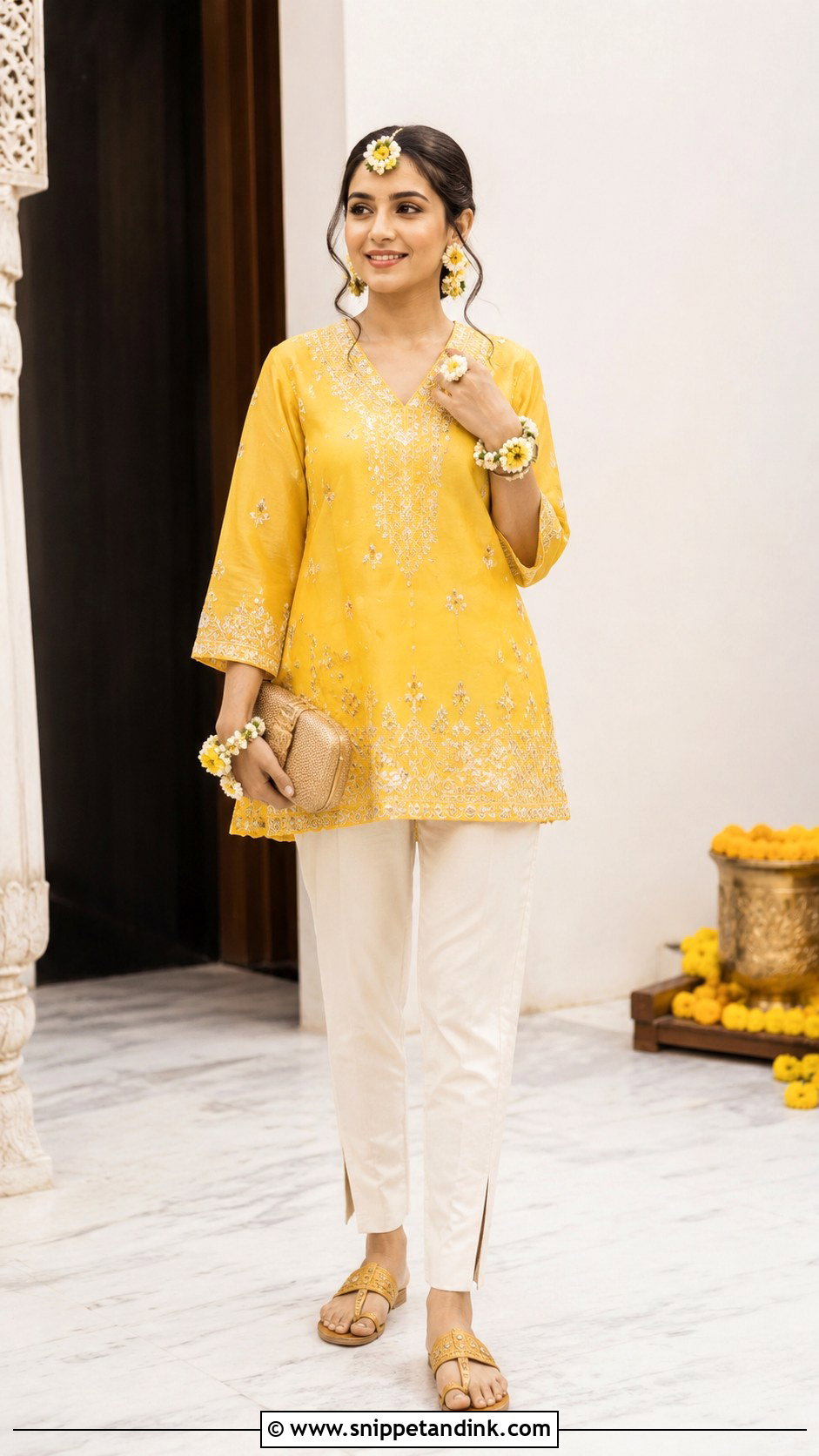 Kurti And Cigarette Pants Haldi Outfit - Snippet and Ink - 25 Indo Western Haldi Outfit Ideas