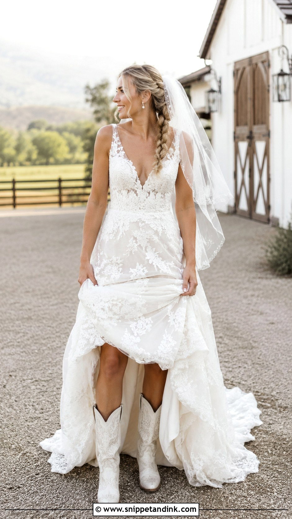 Lace A Line Bride Dress With White Cowboy Boots - Snippet and Ink - 20 Bride with Boots Ideas