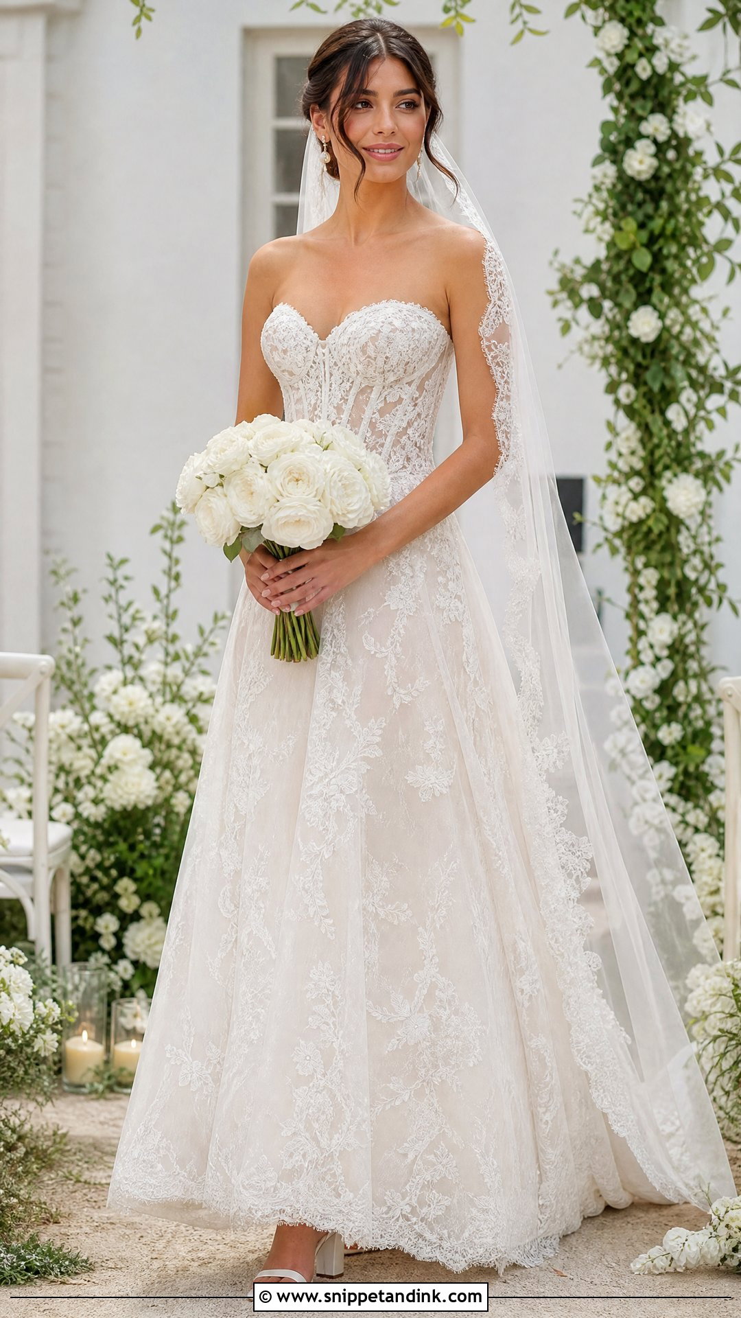 Lace A Line Corset Wedding Dress With Pearl Accessories - Snippet and Ink - 20 Timeless Corset Wedding Dress Ideas