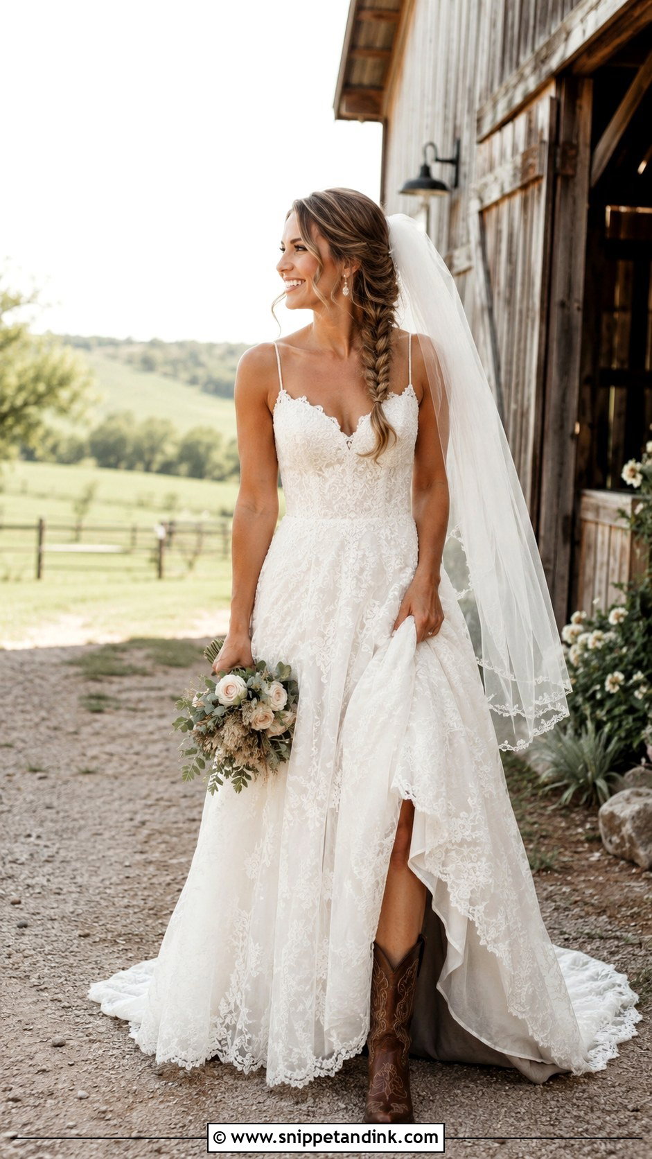 Lace A Line Country Wedding Gown With Brown Cowboy Boots - Snippet and Ink - 20 Country Wedding Gowns
