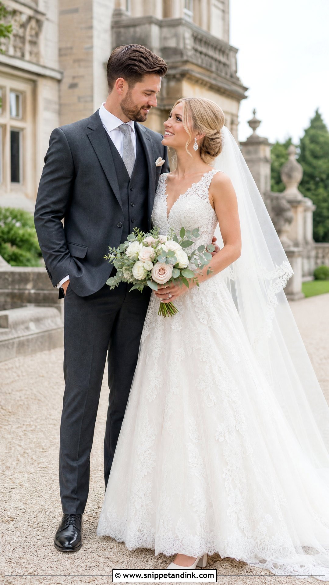 Lace A Line Dress And Charcoal Suit Wedding Couple - Snippet and Ink - 20 Wedding Dresses for Couple