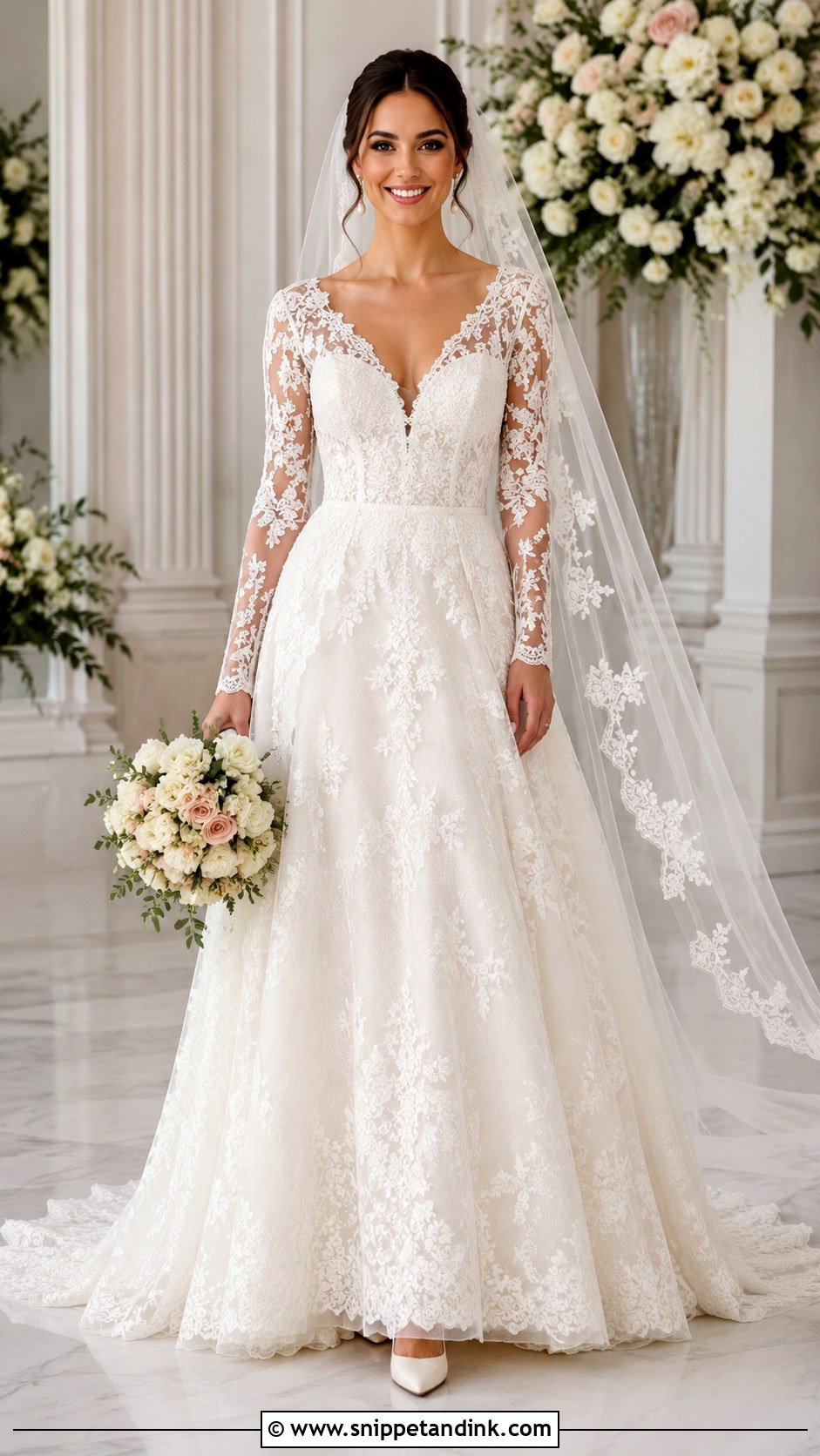 Lace A Line Long Sleeve V Neck Wedding Dress - Snippet and Ink - 20 Long Sleeve V Neck Wedding Dress Ideas