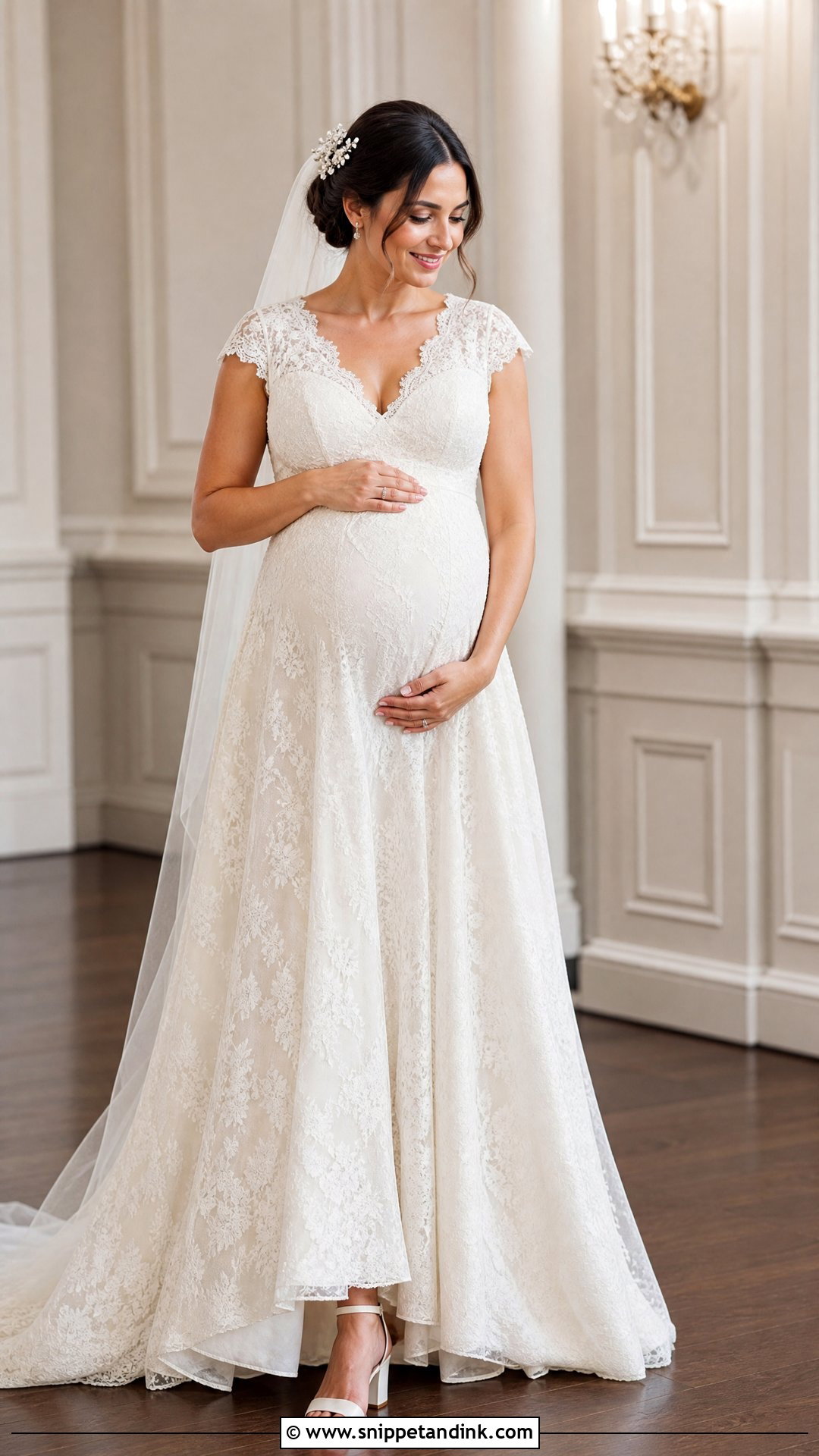 Lace A Line Maternity Bridal Gown - Snippet and Ink - 25 Maternity Bridal Gowns