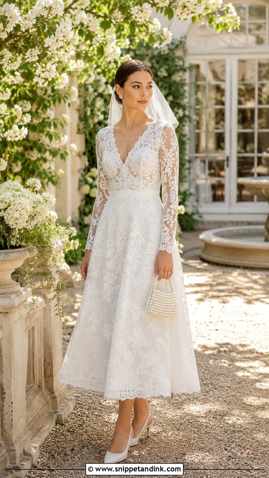 Lace A Line Midi Wedding Dress With V Neck Sleeves - Snippet and Ink - 20 Midi Wedding Dress with Sleeves
