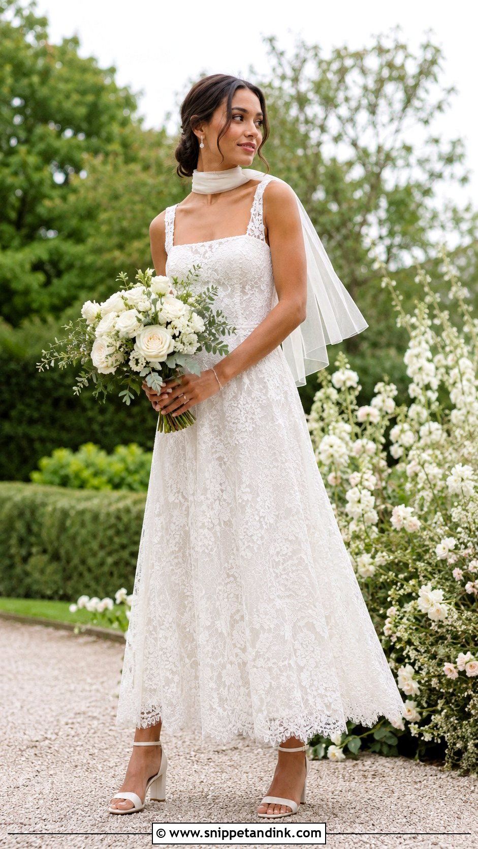 Lace A Line Neck Scarf Wedding Dress - Snippet and Ink - 20 Neck Scarf Wedding Dresses