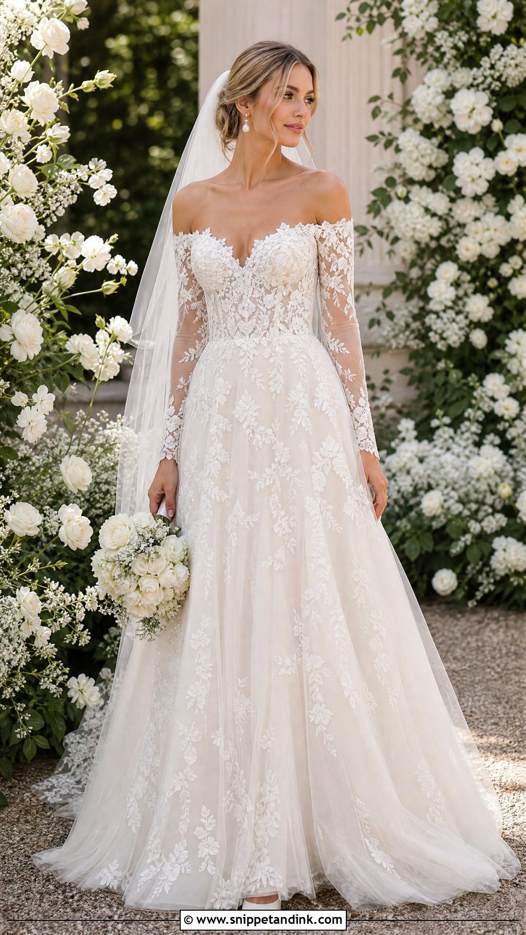 Lace A Line Off the Shoulder Long Sleeve Wedding Dress - Snippet and Ink - 20 Off the Shoulder Long Sleeve Wedding Ideas
