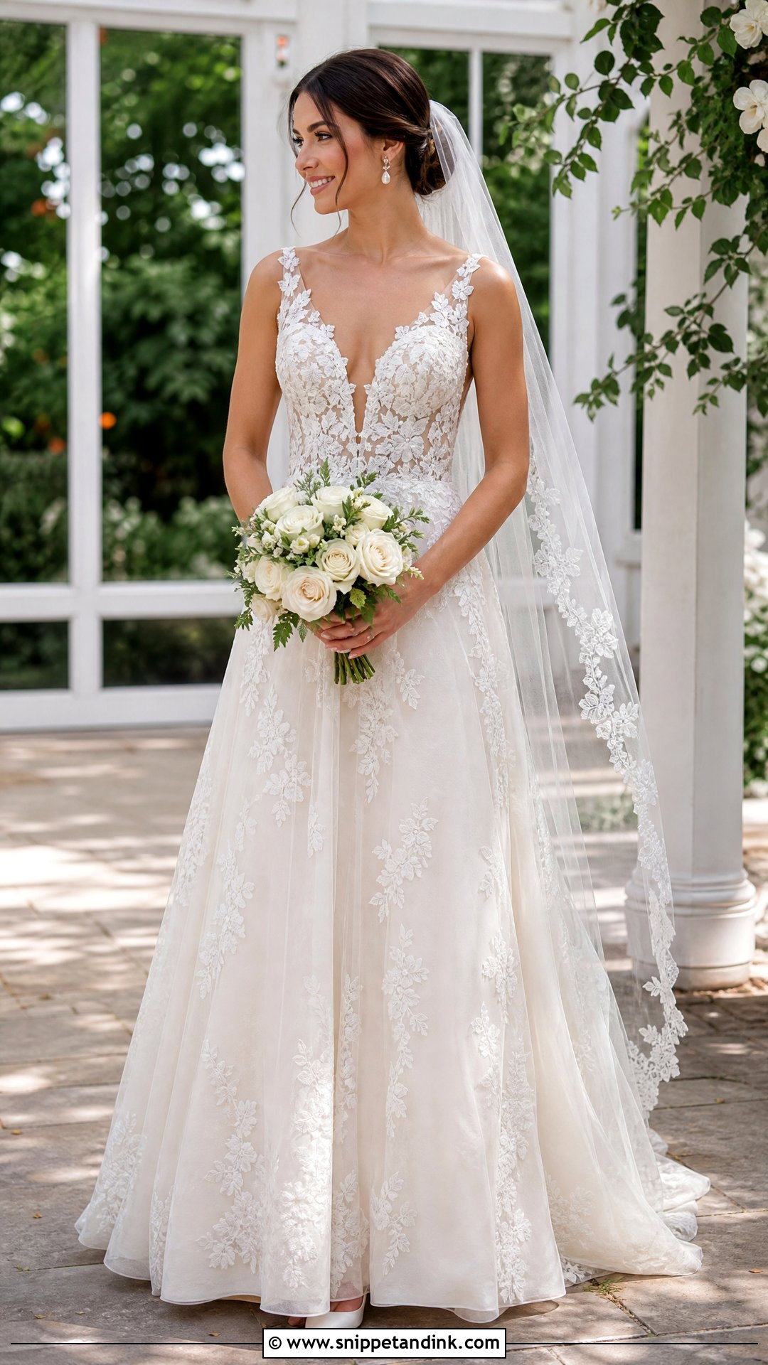 Lace A Line Plunge Neck Wedding Dress - Snippet and Ink - 20 Plunge Neck Wedding Dress Ideas