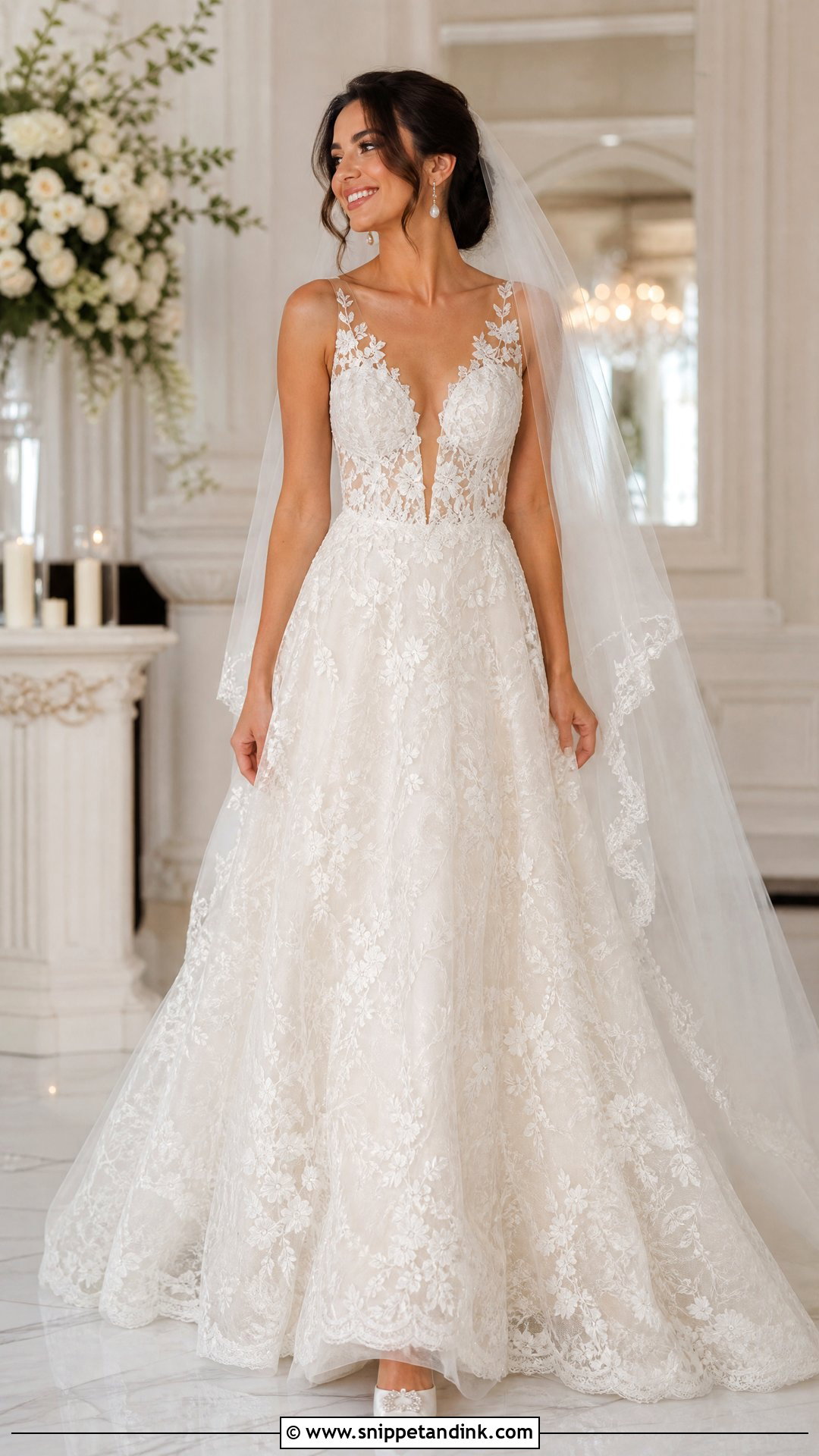 Lace A Line Plunging Neckline Wedding Dress - Snippet and Ink - 20 Plunging Neckline Wedding Dress Ideas