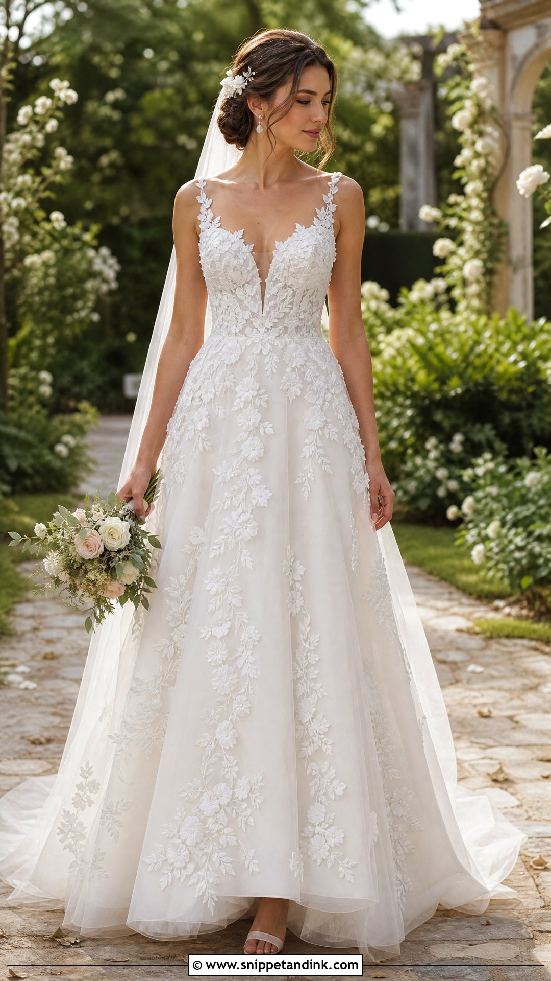 Lace A Line Wedding Dress With 3D Floral Appliques - Snippet and Ink - 25 Lace a Line Wedding Dress Ideas