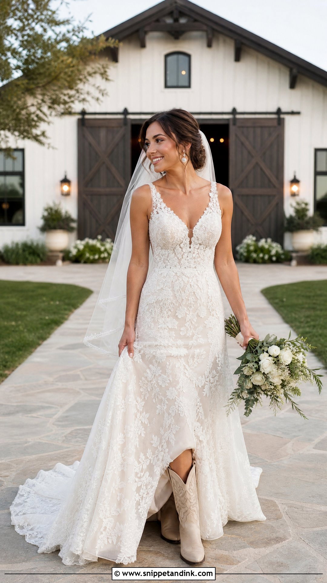 Lace A Line Wedding Dress With Cowboy Boots - Snippet and Ink - 20 Wedding Dresses with Cowboy Boots