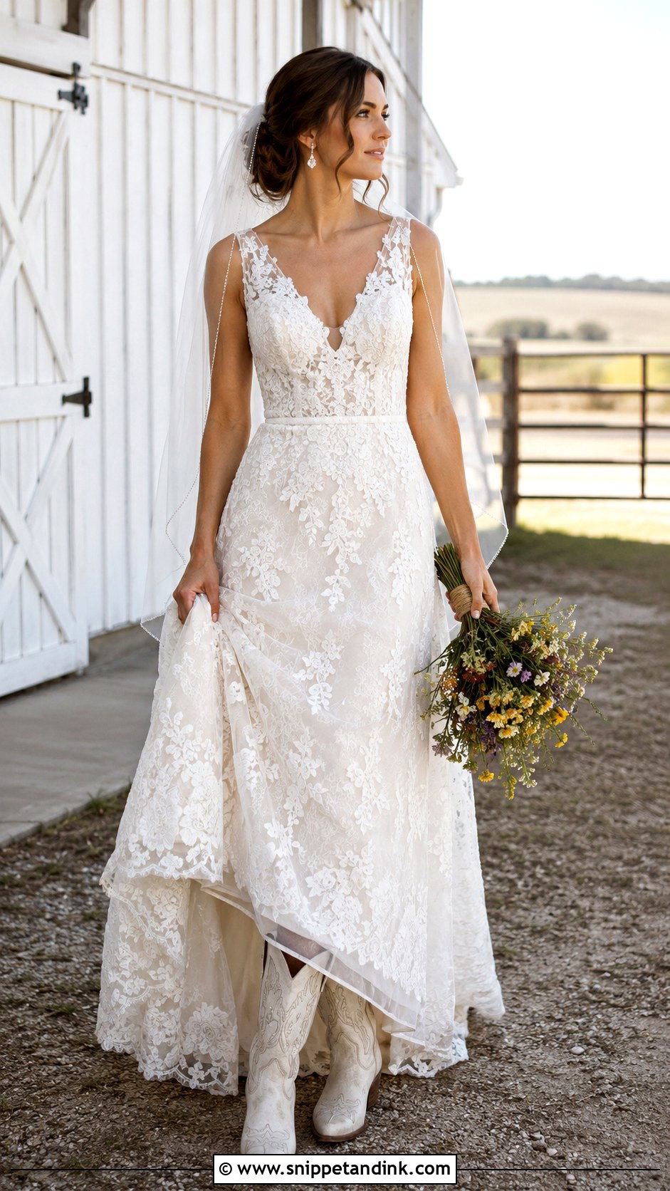 Lace A Line Wedding Dress With Cowgirl Boots - Snippet and Ink - 20 Cowgirl Boots Wedding Dress Ideas