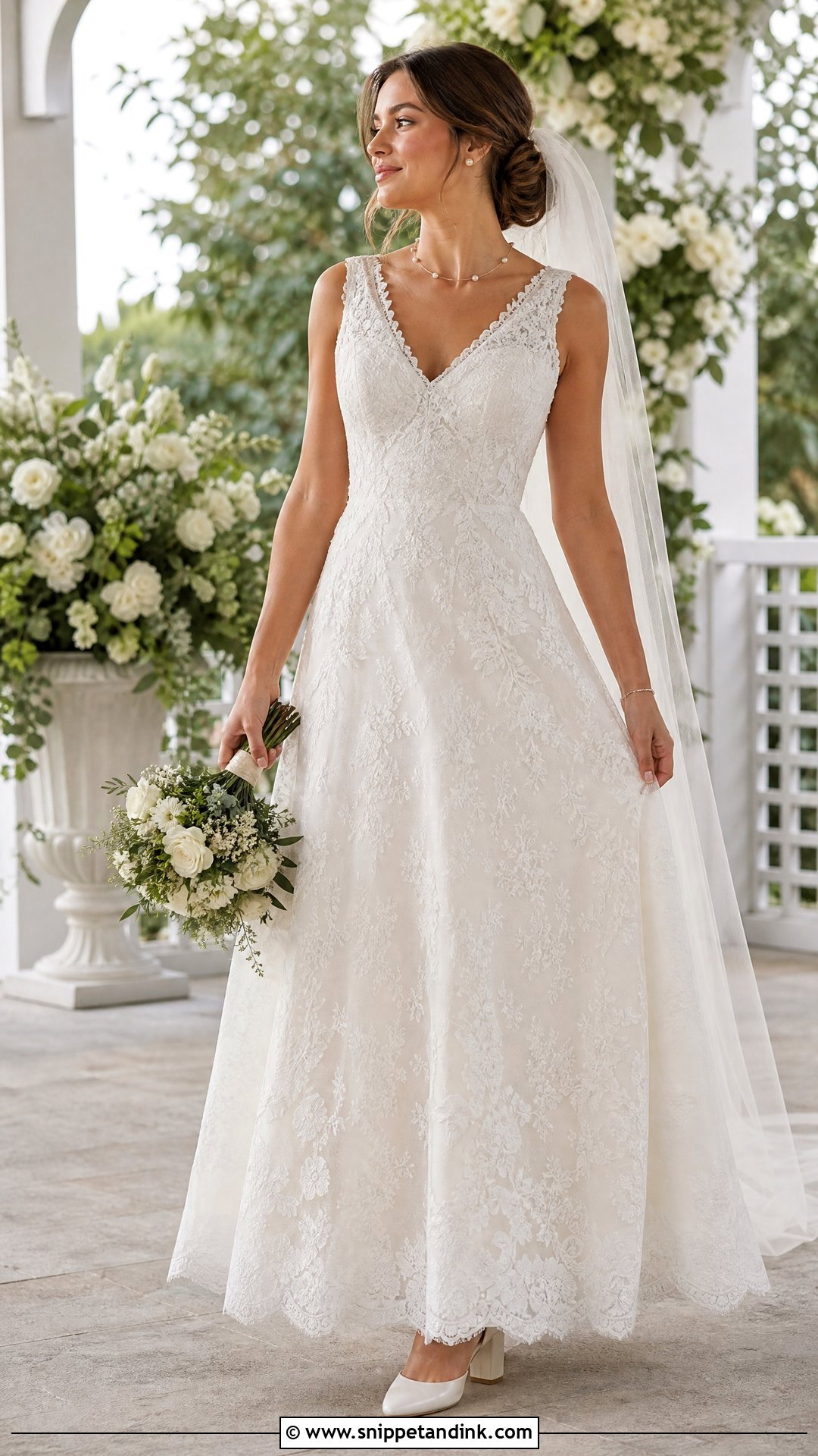 Lace A Line Wedding Dress With Delicate Pearl Necklace - Snippet and Ink - 20 Pearl Necklace Wedding Dress Ideas