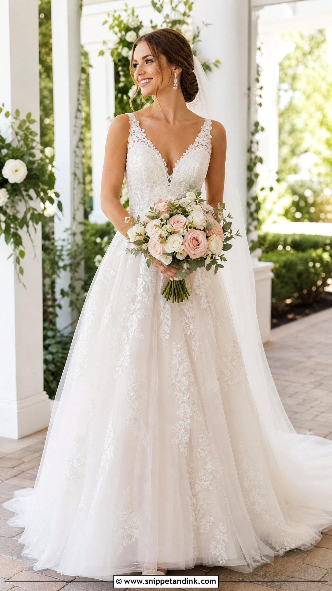 Lace A Line Wedding Dress With Floral Bouquet - Snippet and Ink - 25 Lace a Line Wedding Dress Ideas