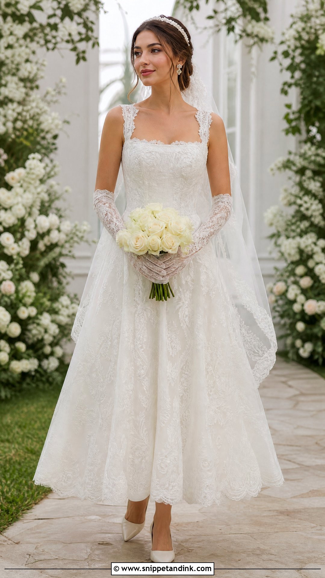 Lace A Line Wedding Dress With Lace Gloves - Snippet and Ink - 20 Wedding Dress and Gloves Ideas
