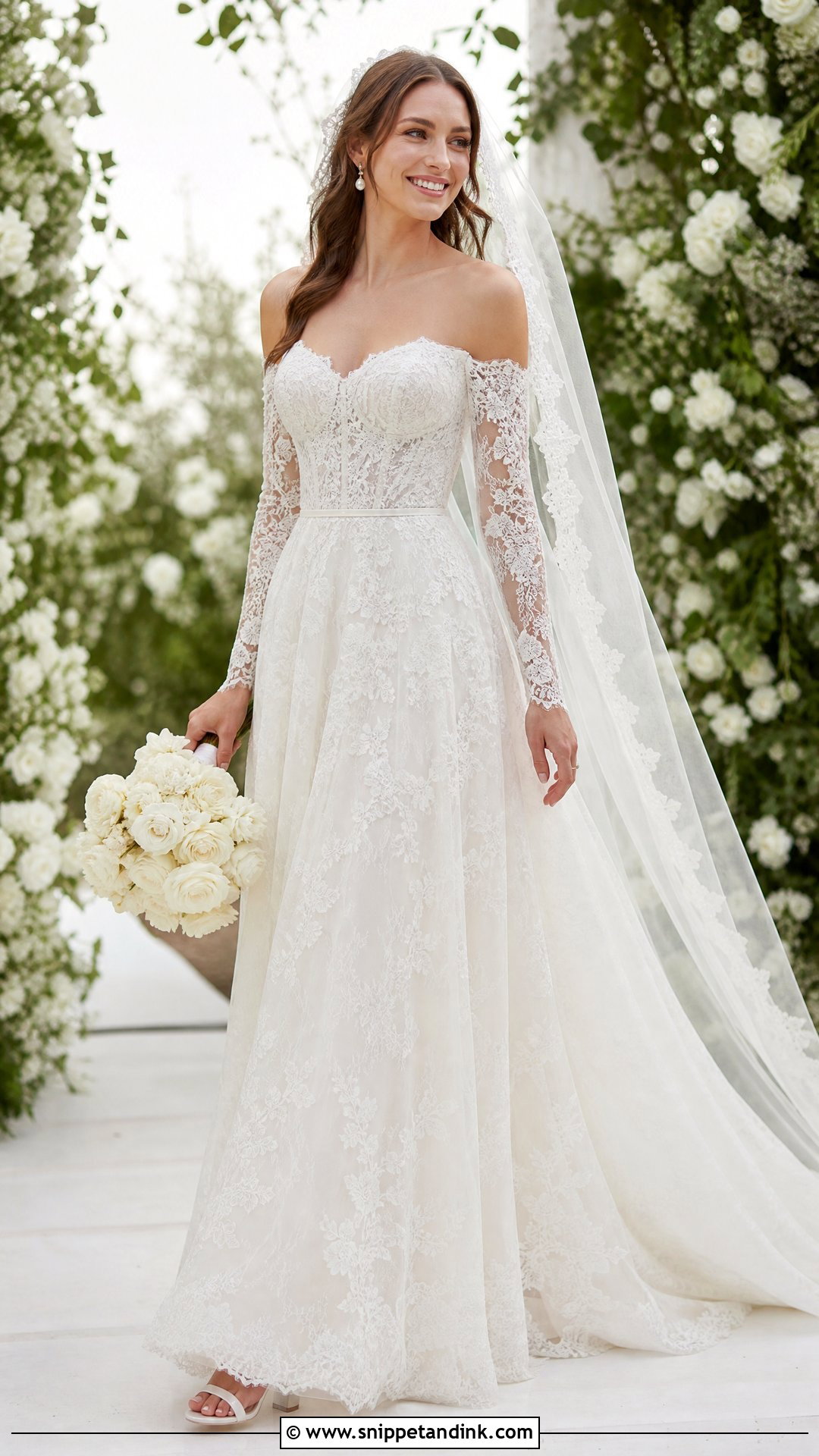 Lace A Line Wedding Dress With Long Off Shoulder Sleeves - Snippet and Ink - 20 Wedding Dress with Sleeves Off Shoulder