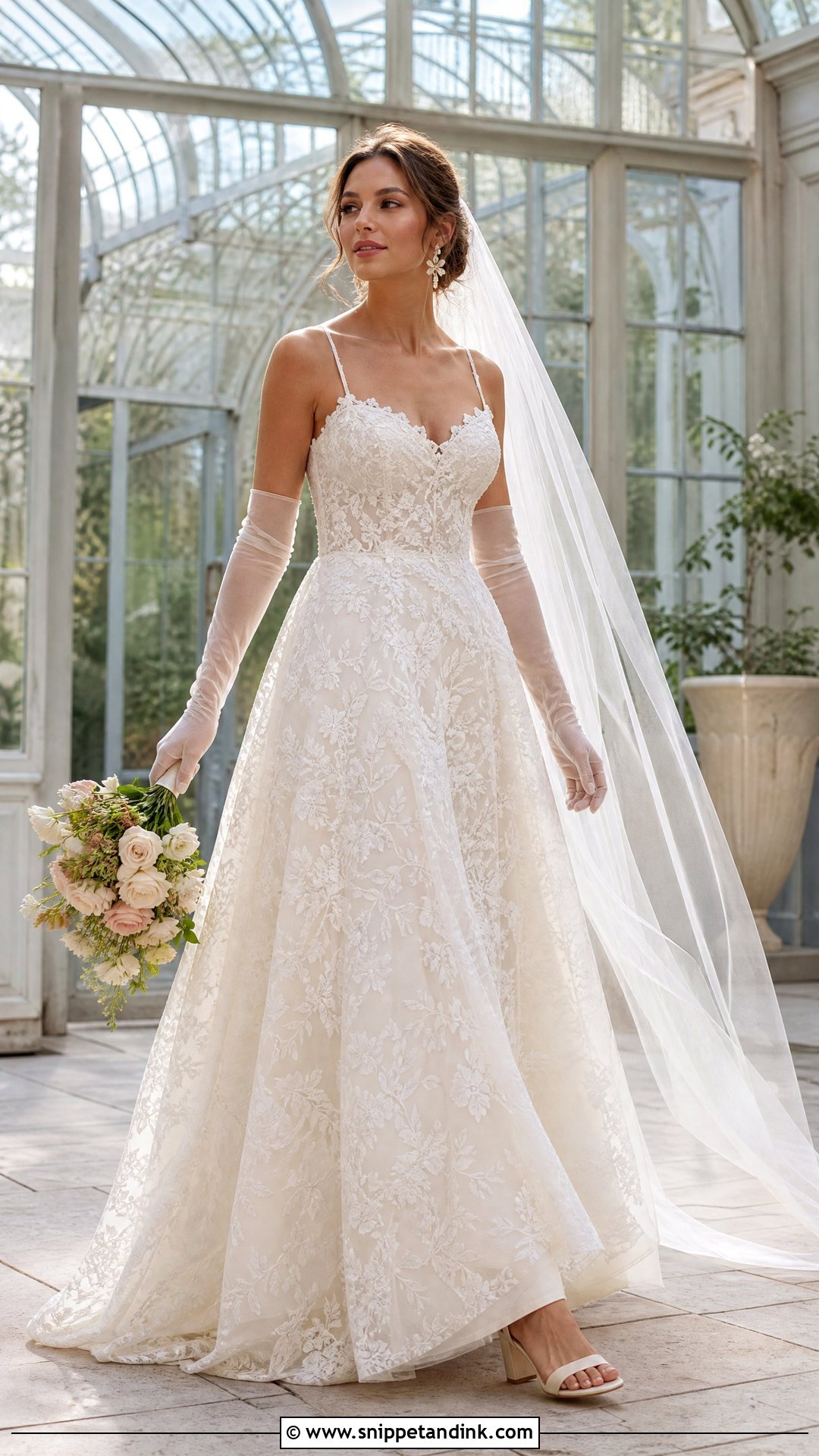 Lace A Line Wedding Dress With Long Tulle Gloves - Snippet and Ink - 20 Wedding Dress with Long Gloves Ideas
