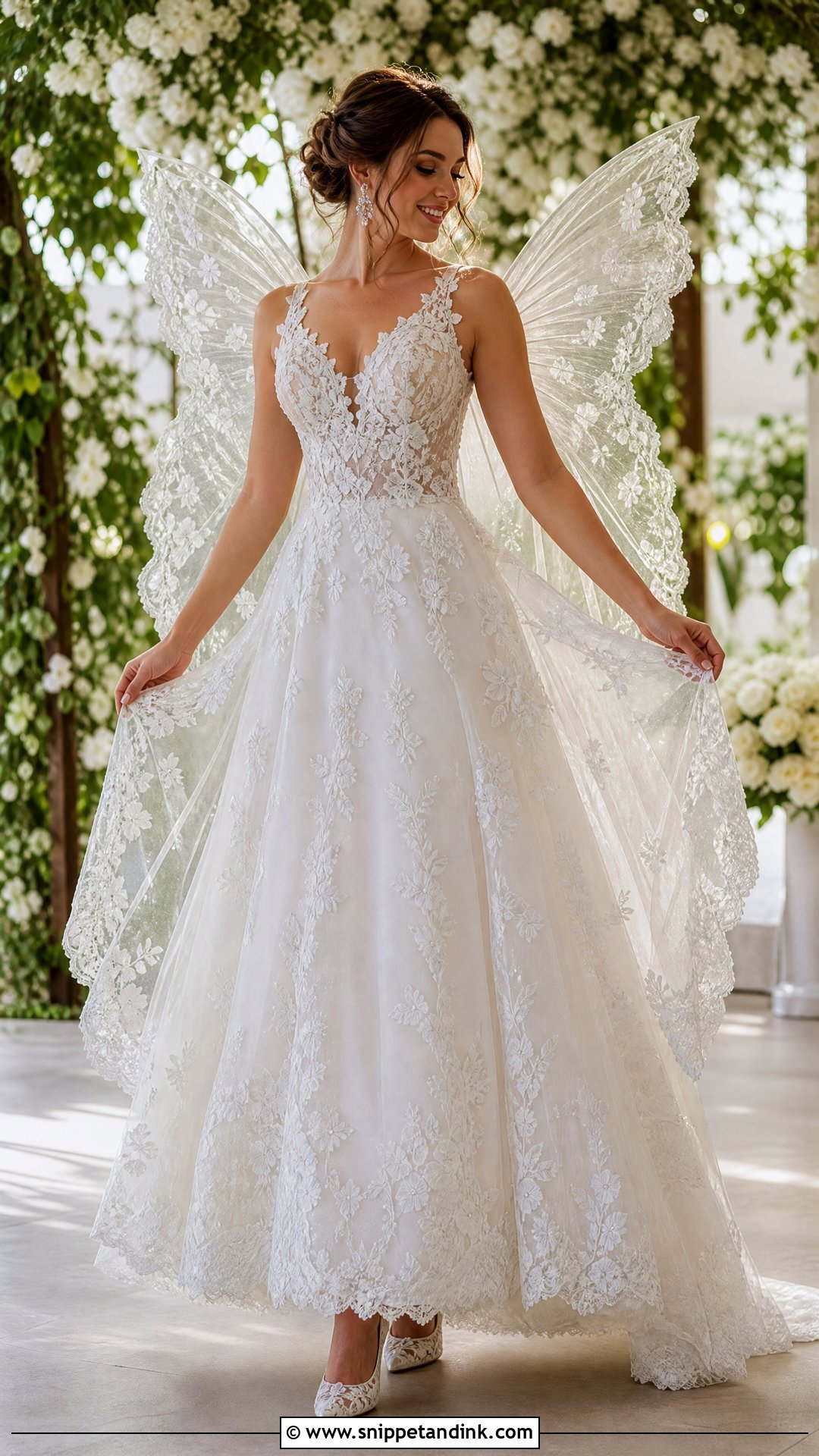 Lace A Line Wedding Dress With Matching Wings - Snippet and Ink - 20 Wedding Dress Wings Ideas