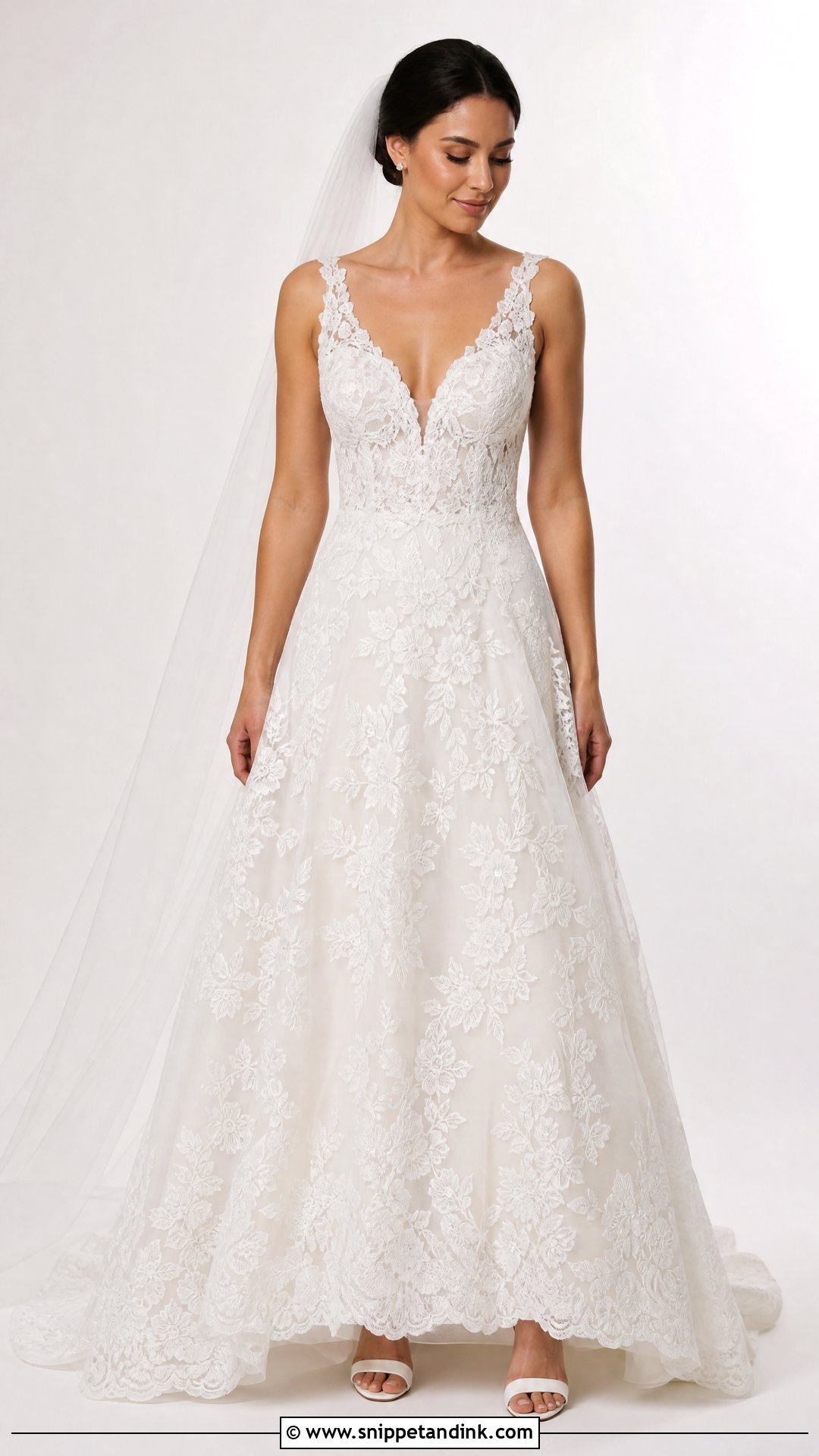 Lace A Line Wedding Dress With Minimal Accessories - Snippet and Ink - 25 Lace a Line Wedding Dress Ideas