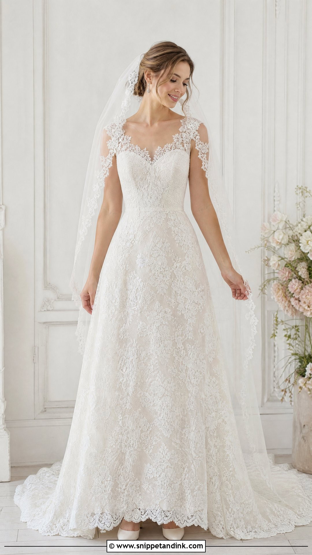 Lace A Line Wedding Dress With Scalloped Lace Hem - Snippet and Ink - 25 Lace a Line Wedding Dress Ideas