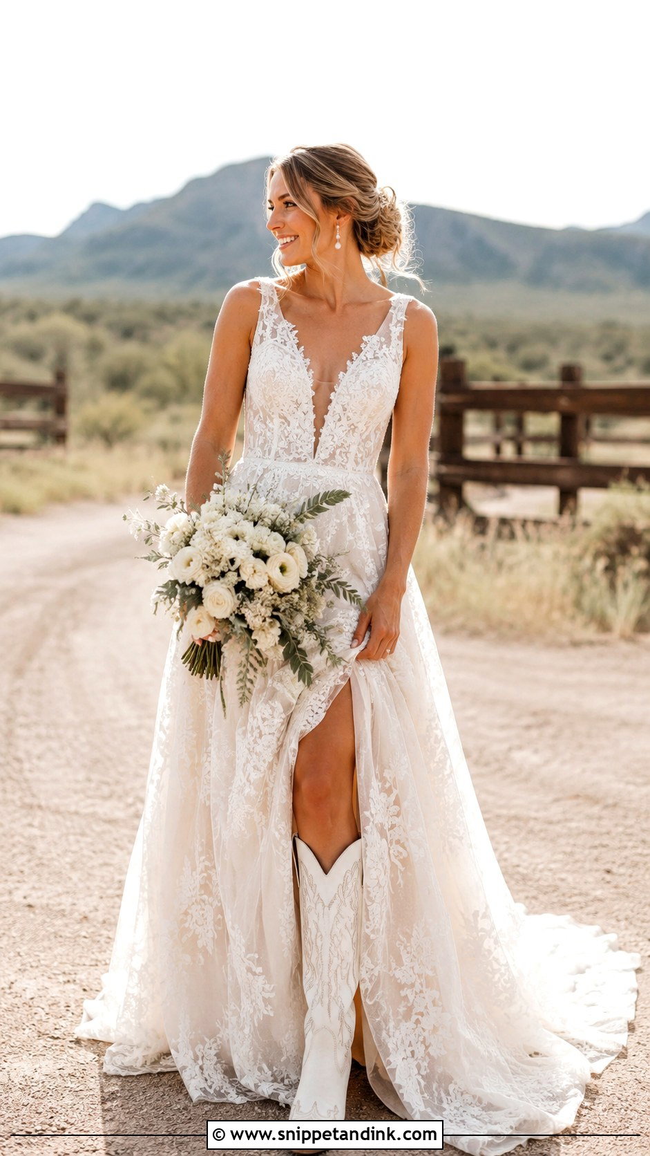 Lace A Line Wedding Dress With White Cowboy Boots - Snippet and Ink - 20 Bride Cowboy Boots Ideas
