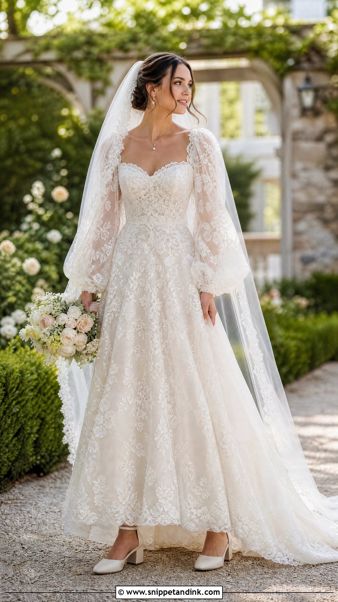 Lace A Line Wedding Dress with Puffy Sleeves - Snippet and Ink - 20 Wedding Dresses with Puffy Sleeves