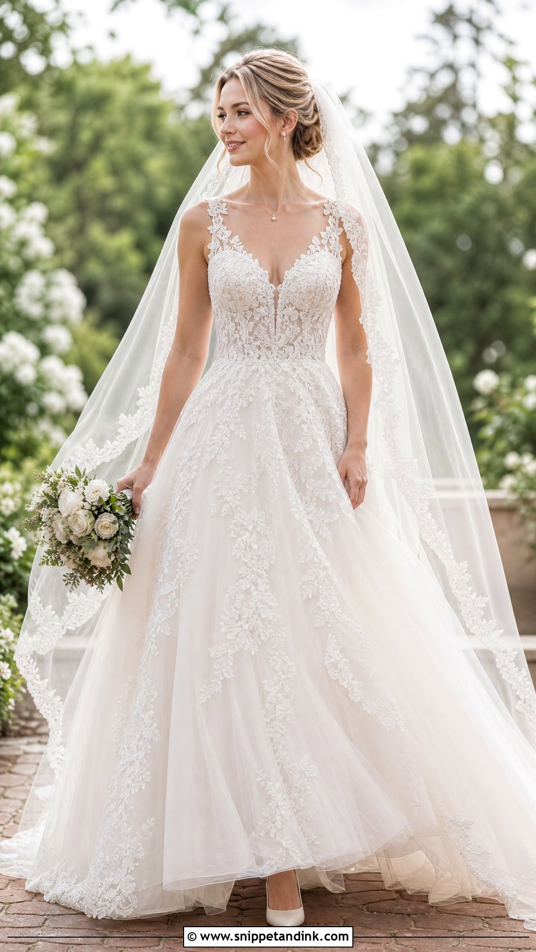 Lace A Line Wedding Gown With Long Veil - Snippet and Ink - 20 Traditional Wedding Gown Ideas