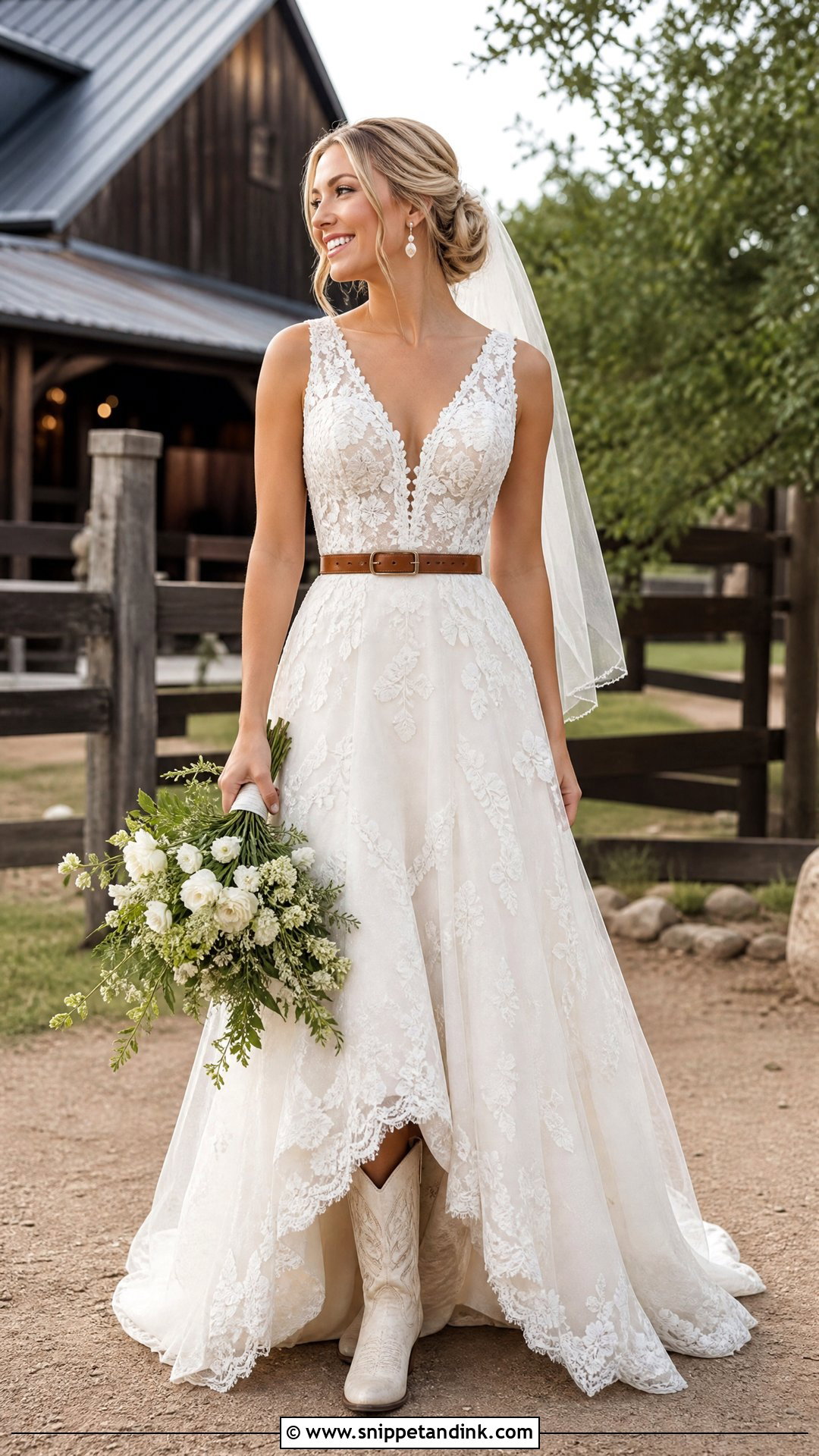 Lace A Line Western Bride Dress With Cowboy Boots - Snippet and Ink - 20 Western Bride Dress Ideas
