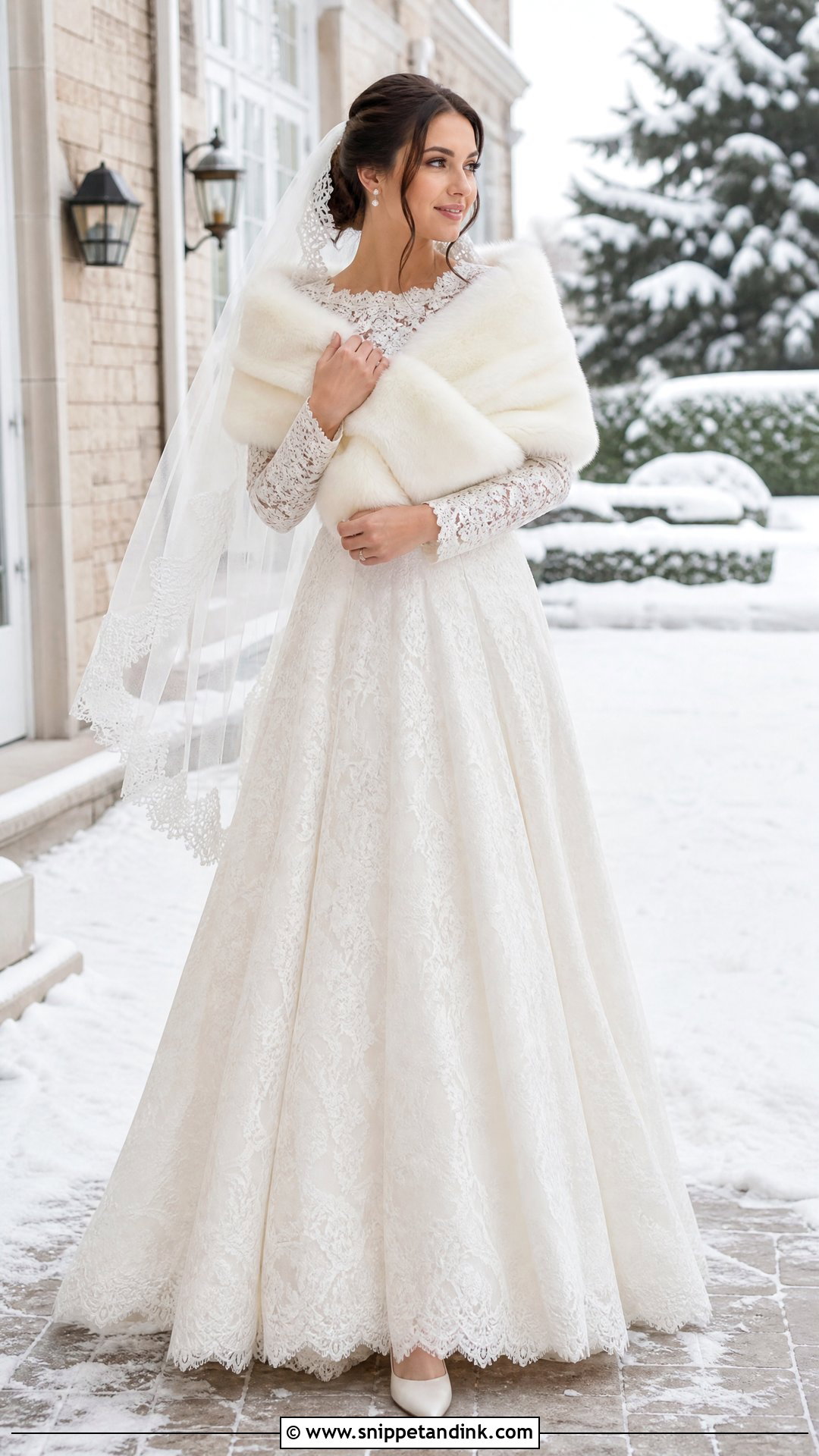Lace A Line Winter Bride Outfit - Snippet and Ink - 20 Winter Bride Outfits